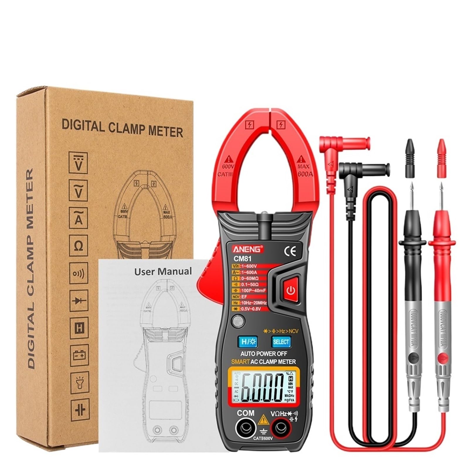 Pince ampèremétrique numérique CM80/CM81, multimètre de courant alternatif, ampèremètre, testeur de tension, Hz, NCV, Ohm, test professionnel(CM81 Red with box)