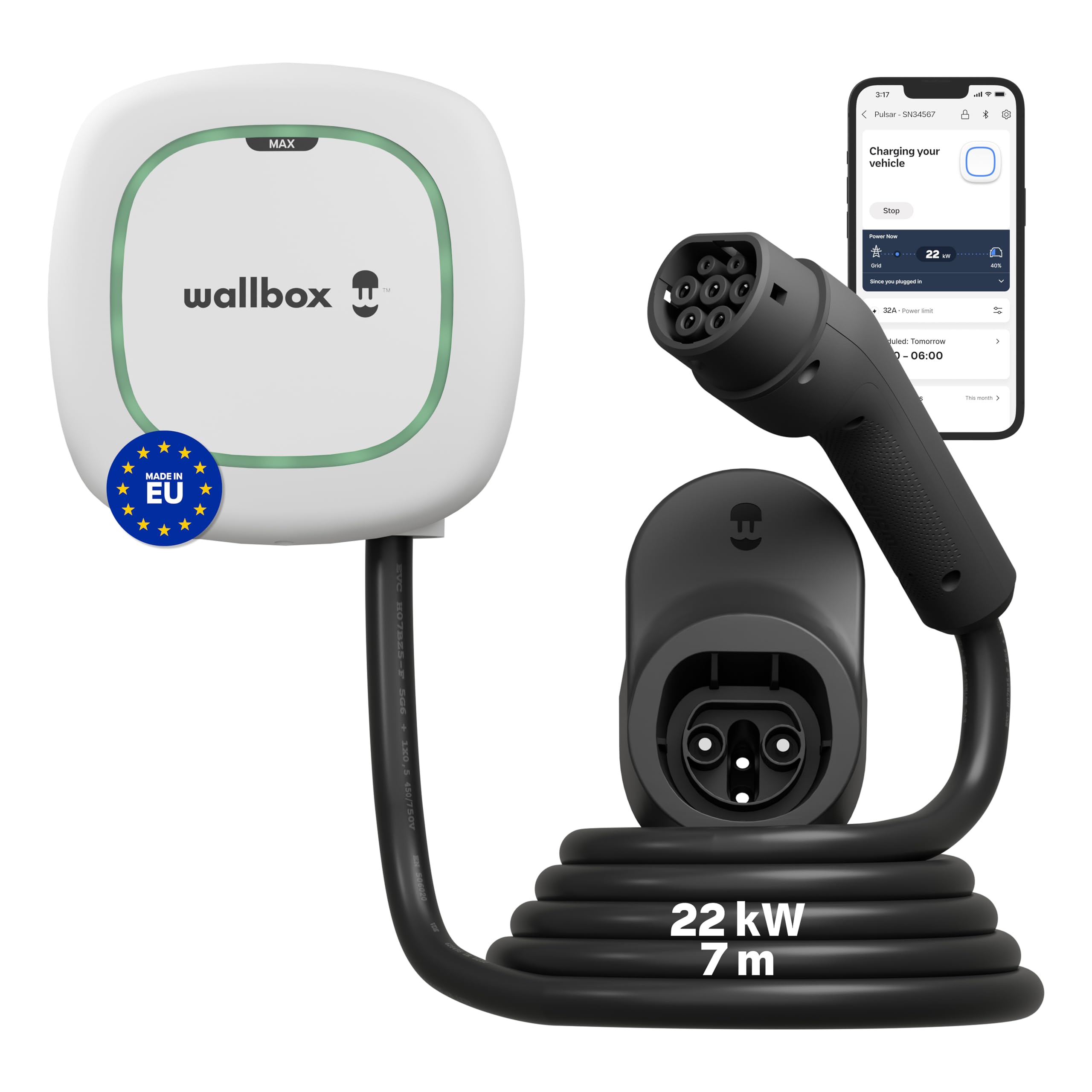 Wallbox Pulsar Max 22kW - Caricatore Auto Elettrica fino a 32A - Cavo 5 Metri - Ricarica Veicoli Elettrici Connettore Tipo 2 - Caricabatterie EV/PHEV - Smartapp WiFi e Bluetooth - Uso Interno/Esterno