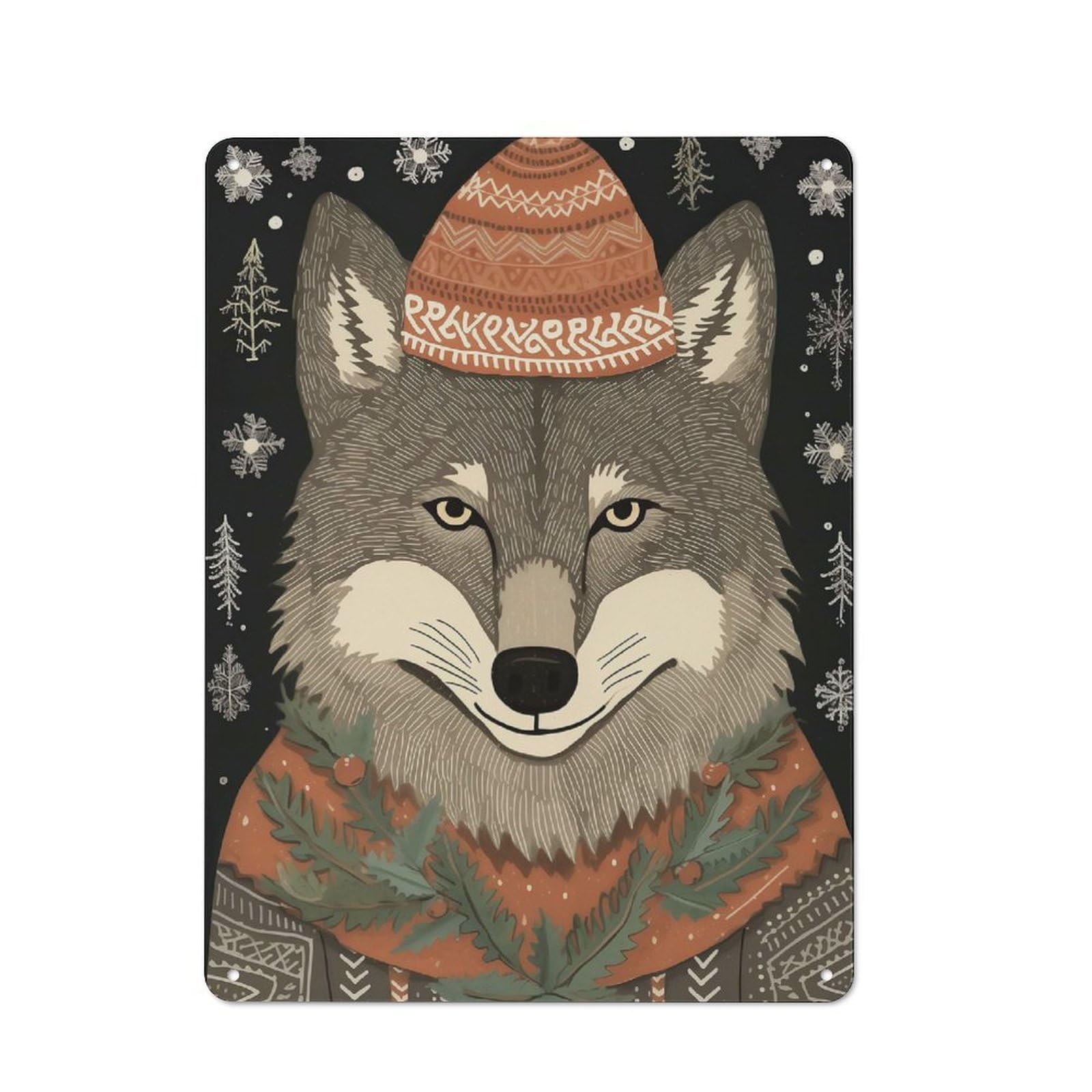 Tin Sign with Vintage Wolf Xmas Design 40x30cm, Weathered Look Industrial Wall Art for Workshop, Basement, Shed Or Games Room