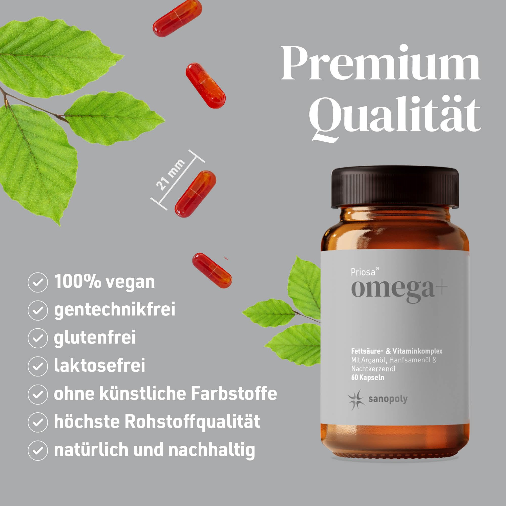 Priosa® omega+ 60 vegane Kapseln I Mit Omega-3 & Omega-6 Fettsäuren, Vitamin A + D + E + K2 & raren Ölen I Wichtige Fettsäuren