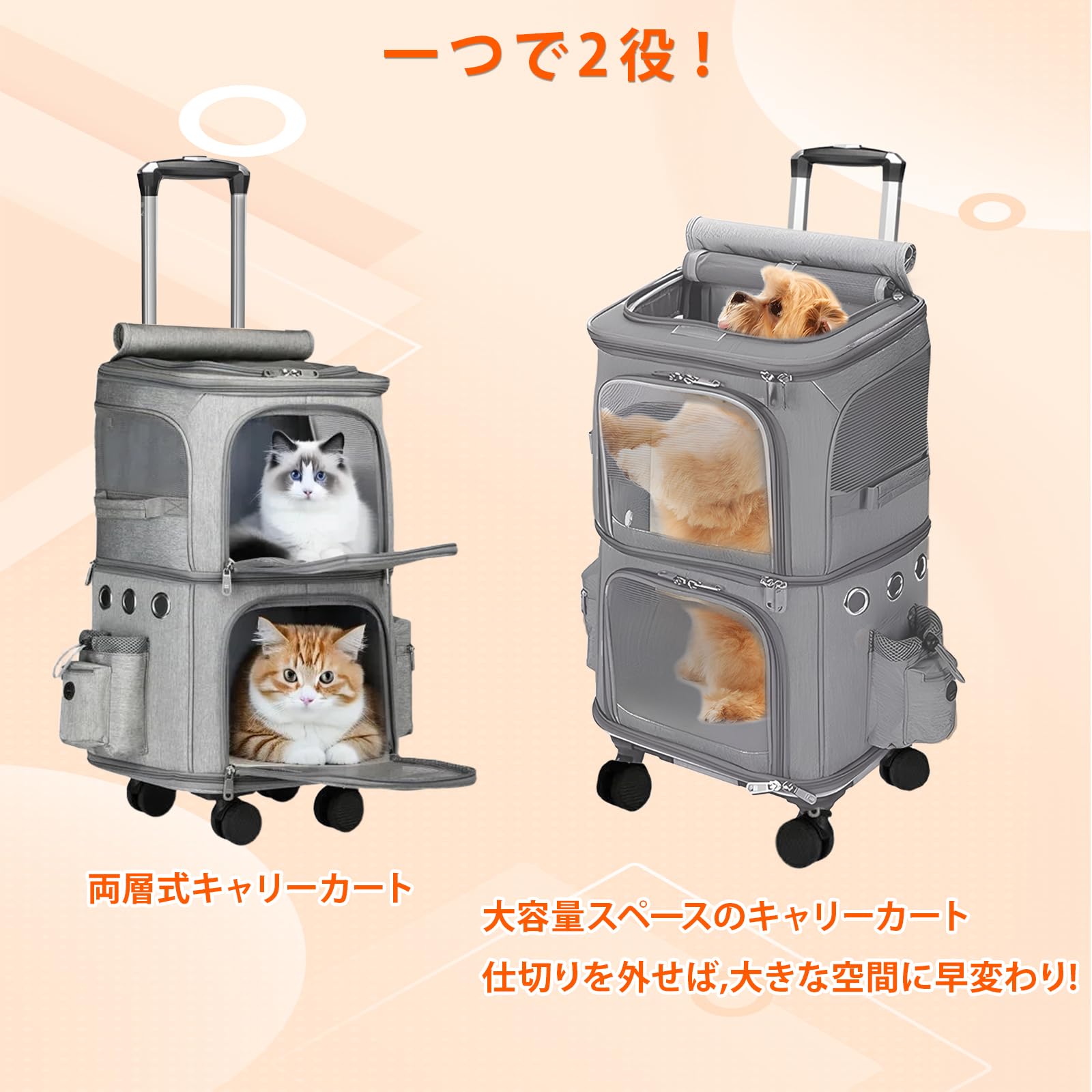 Amazon.co.jp: ペットキャリーバック 2匹 猫 多頭飼い ペットキャリー 
