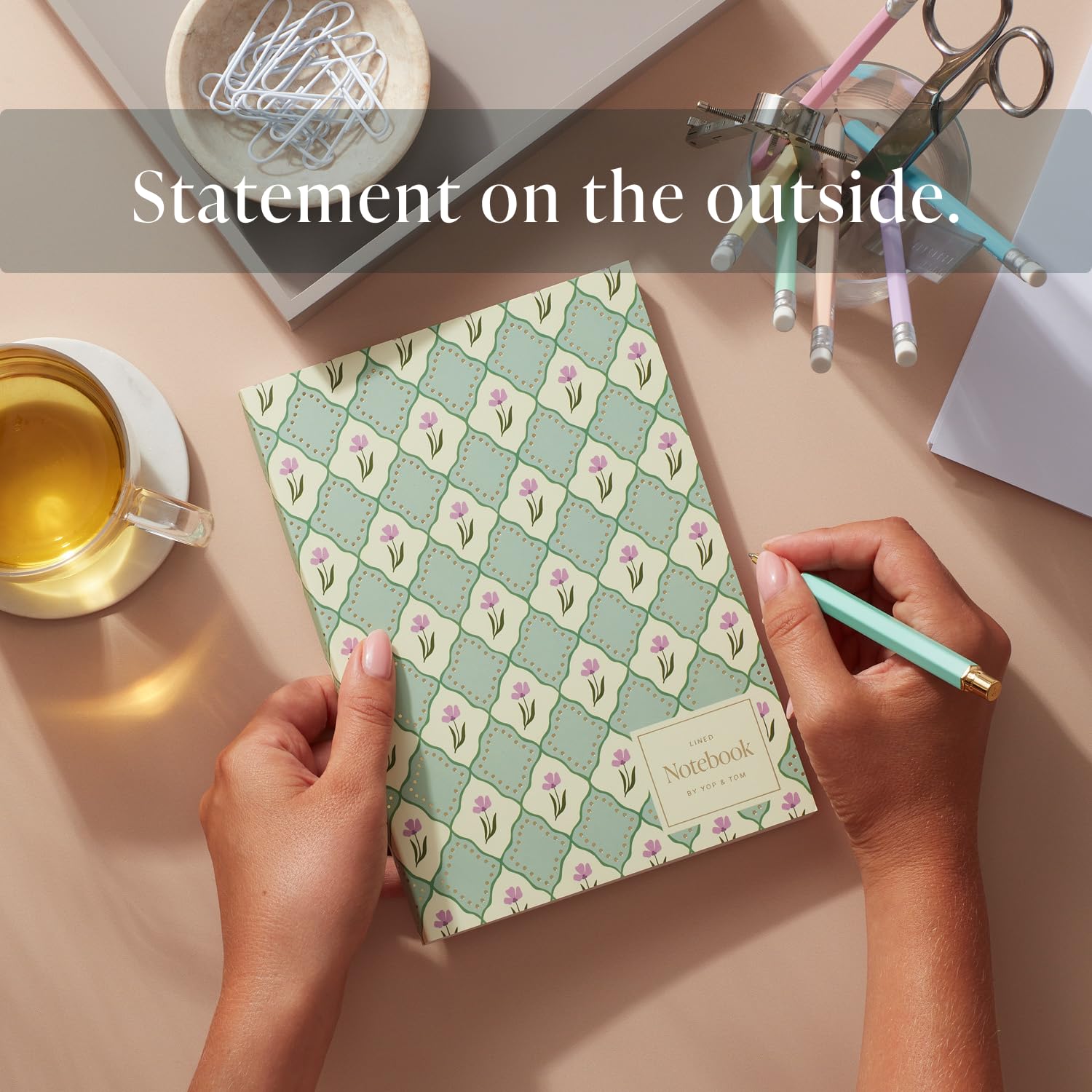 Yop & Tom Luxe Pattern Notebook - A5 lined softcover journal with intricate floral pattern and gold foil details - Green - Image 3