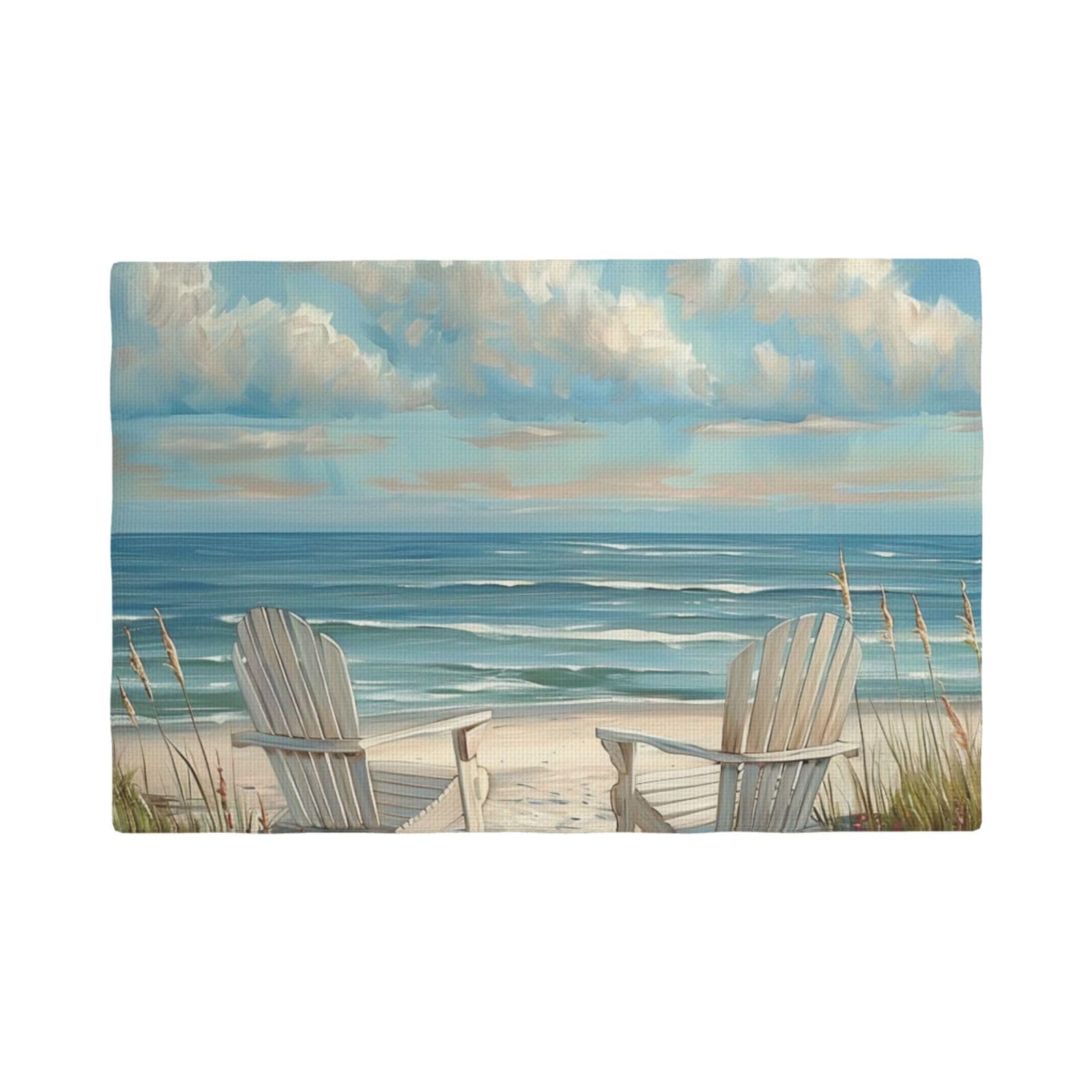 beach scene with chairs Print Placemats Set, Heat Resistant Washable Placemat 12x18in Table Mats for Party Kitchen Dining Table Decoration Indoor Outdoor, Six Piece