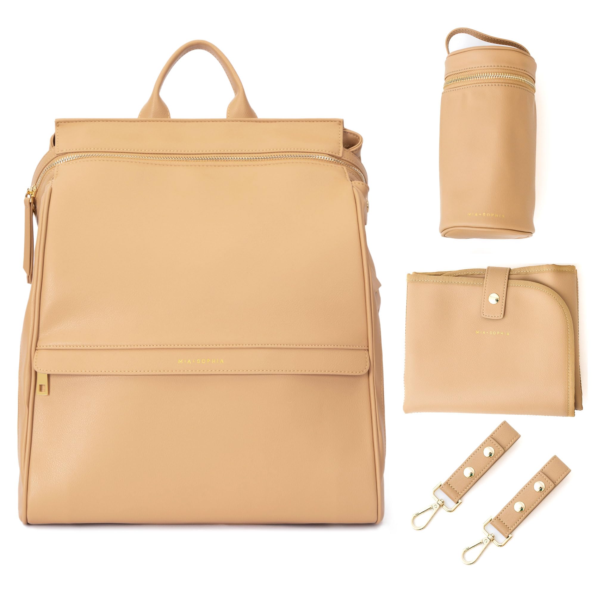 MIA + SOPHIA Leather Diaper Bag Backpack with USB Charging Port, Changing Pad, Stroller Straps, Bottle Holder (Brown Sophia)