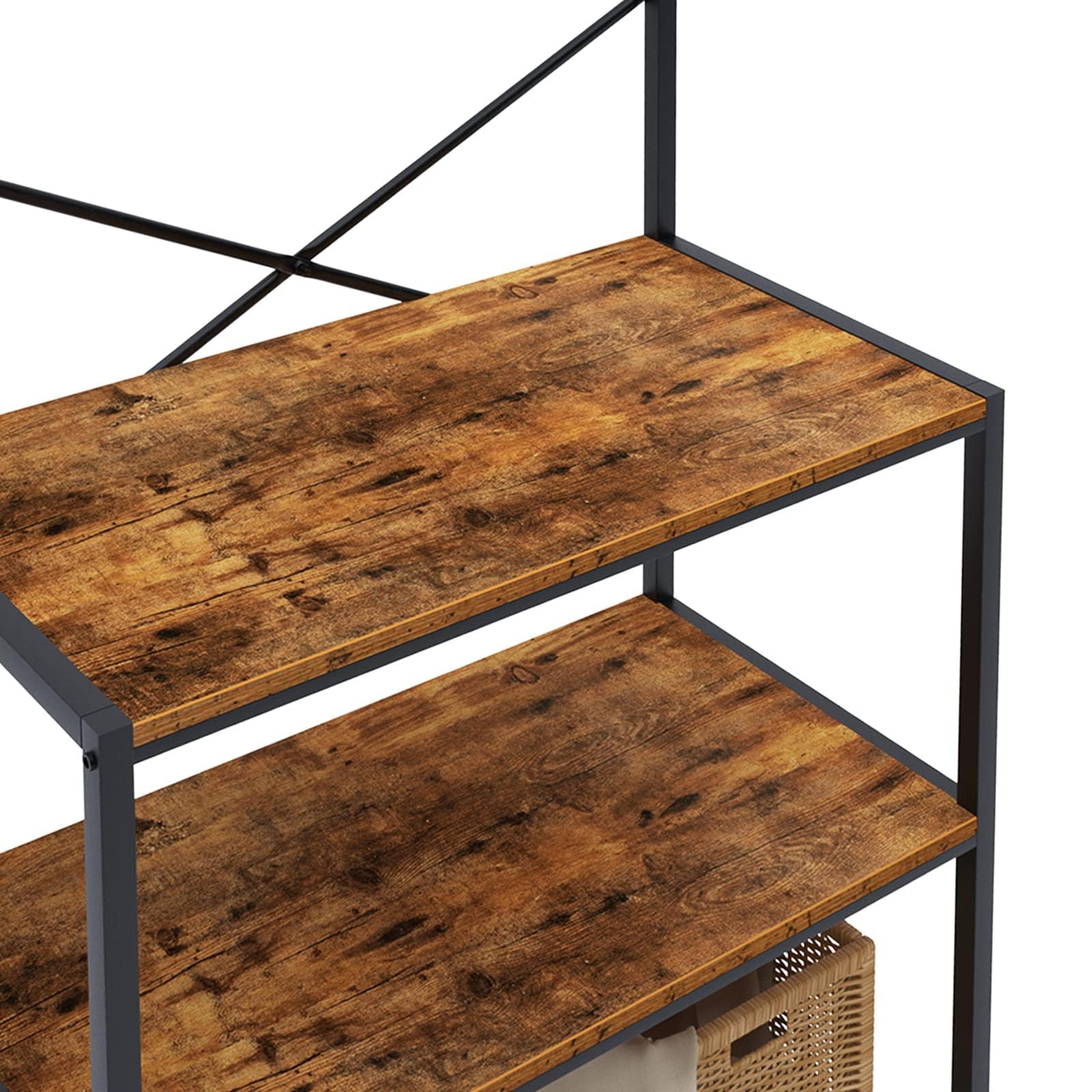 soges Estante de Cocina para Panadero Soporte para Microondas de 4 Niveles, marrón rústico, organizador de utilidad, panel inferior de malla, soporte libre con 5 ganchos