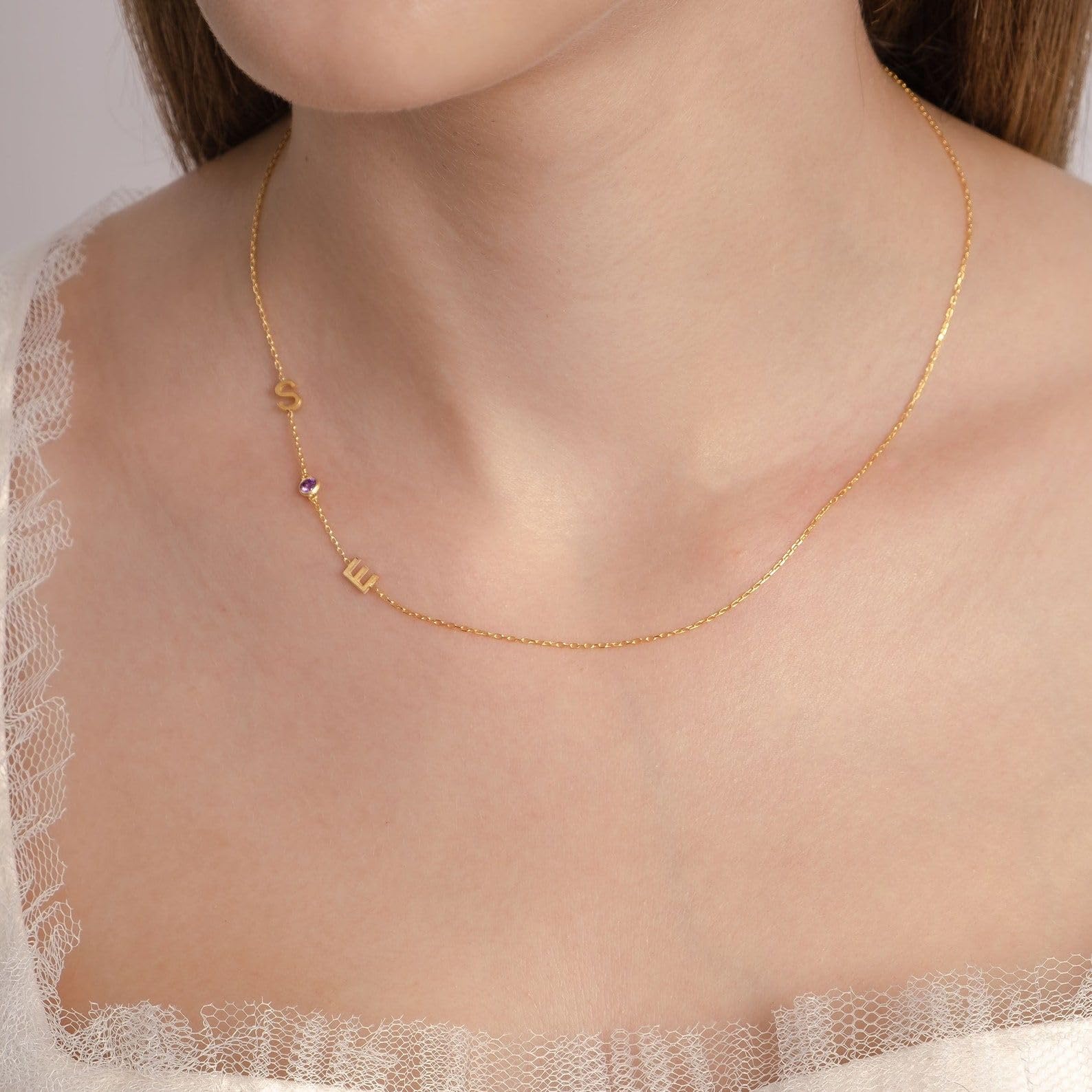 Collana con iniziale, laterale lettera pietra portafortuna compleanno