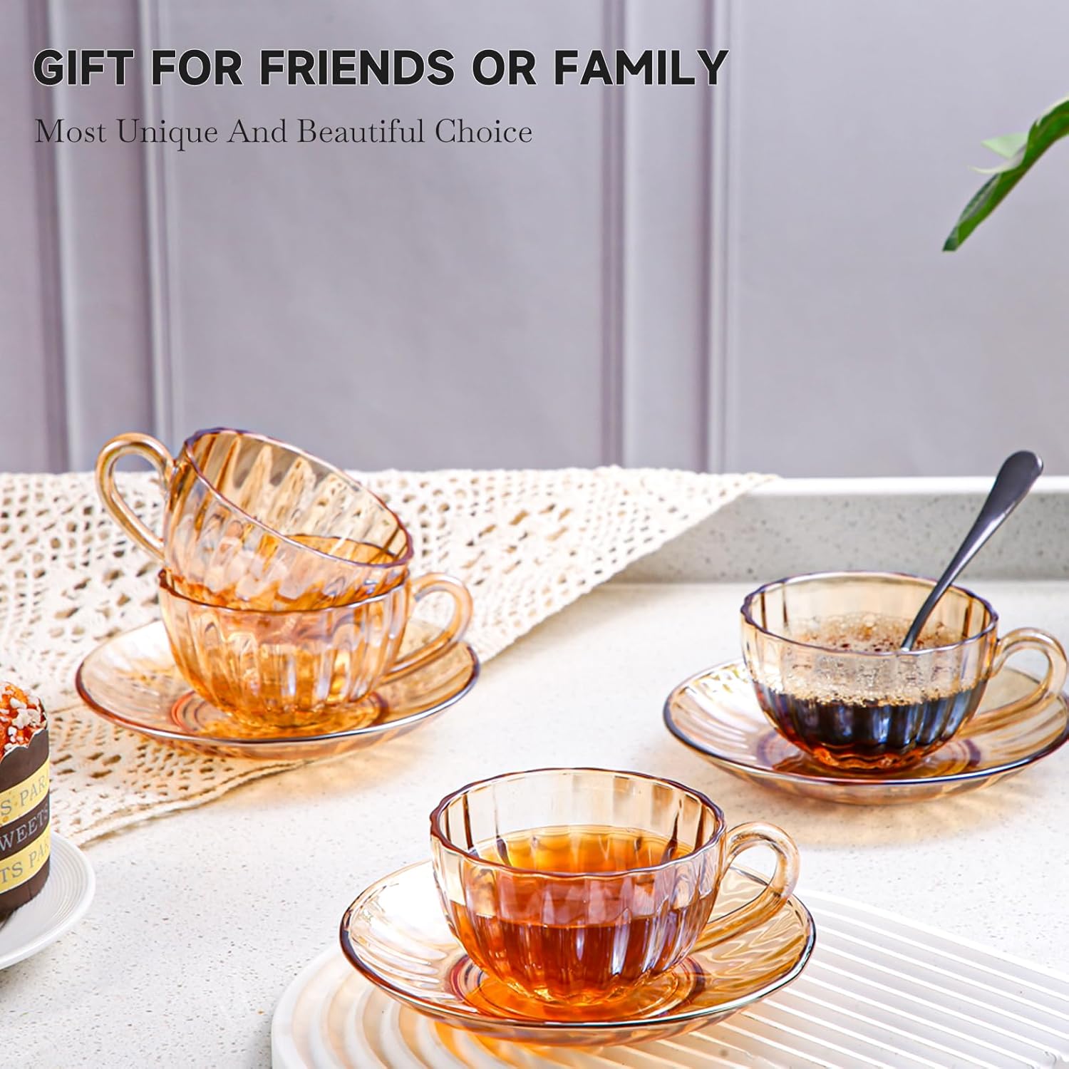 Glass Tea Cups and Saucers Set of 6, Glass Coffee Mugs with Stainless Steel Spoon, Dishwasher & Microwave Safe Teacups for Espresso Cappuccino Latte Tea Juice, 6OZ/180ML, Amber
