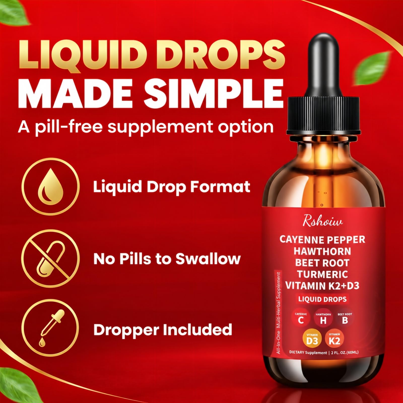 Cayenne Pepper Drops, Hawthorn, Beet Root, Turmeric, Vitamin D3 & K2 — Amazon image 6