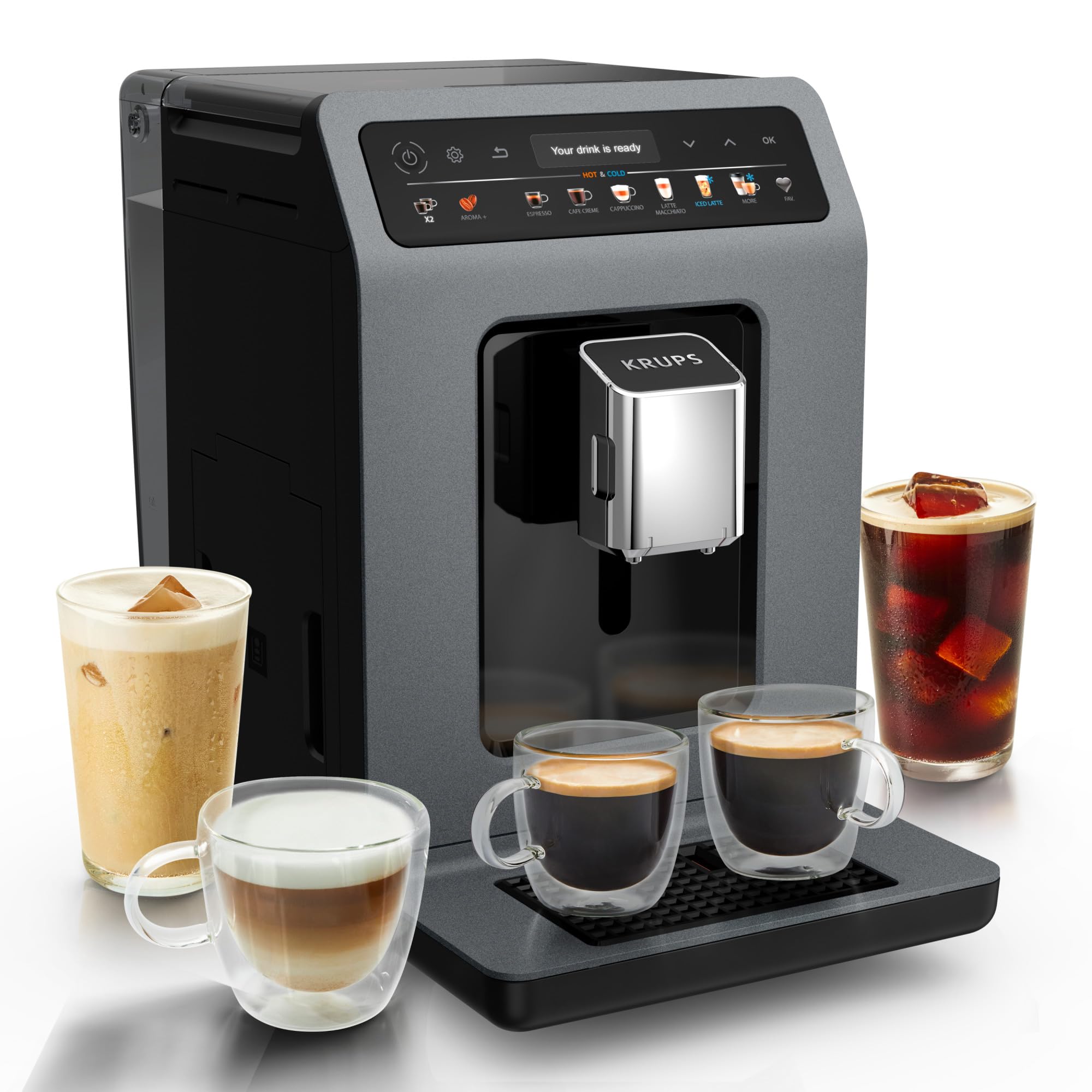 Krups Evidence Hot & Cold, Machine à café grains automatique, 18 recettes chaudes et froides, espresso, One Touch cappuccino, interface intuitive, EA898GF0, Gris