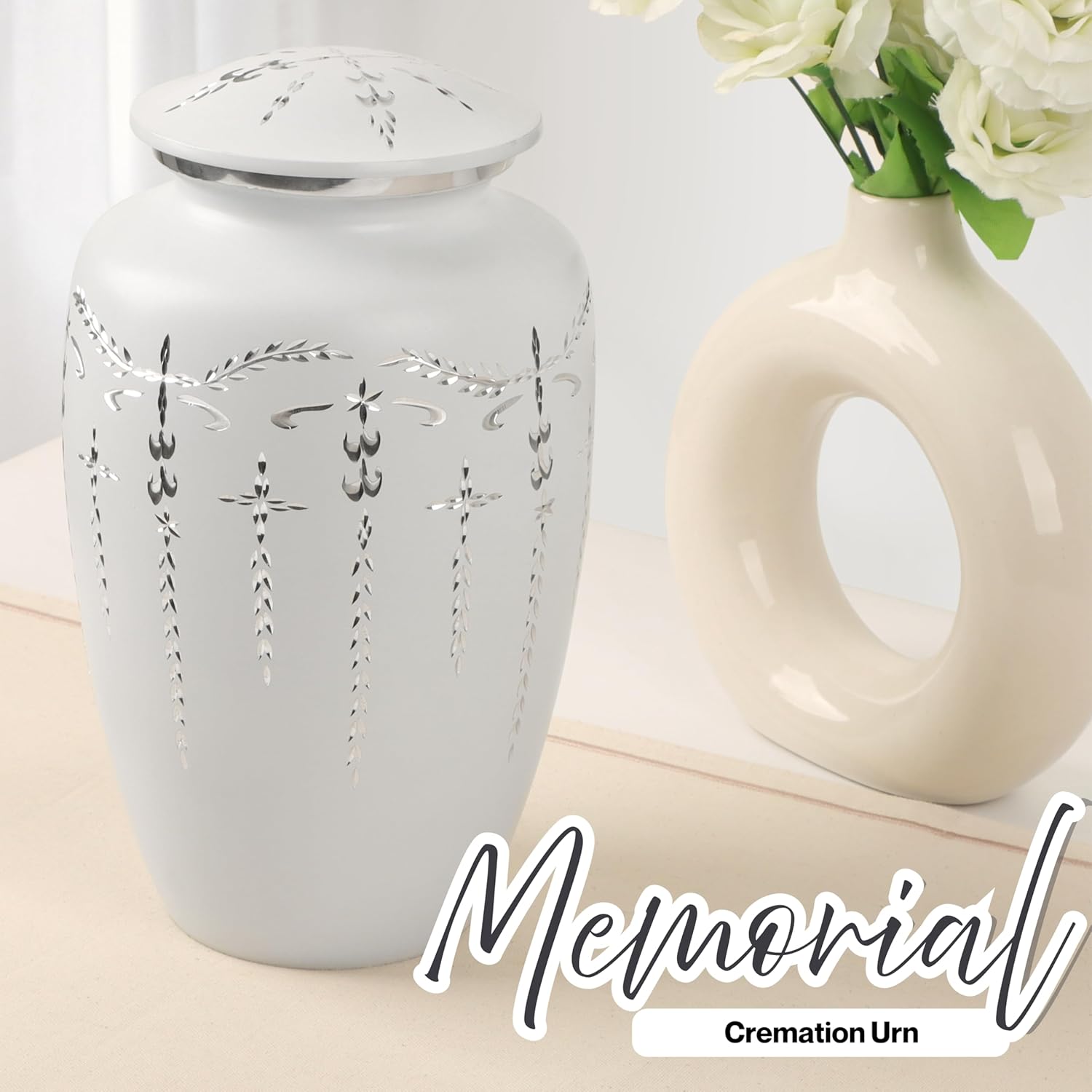Urns for Human Ashes Adult Female and Male, Decorative Burial Urn, Funeral Cremation Urns for Women and Men, Cremation Urn for Adult Ashes - Metal Alloy Urn Holds 200+ Cubic Inches (White)- CLEENTABLE
