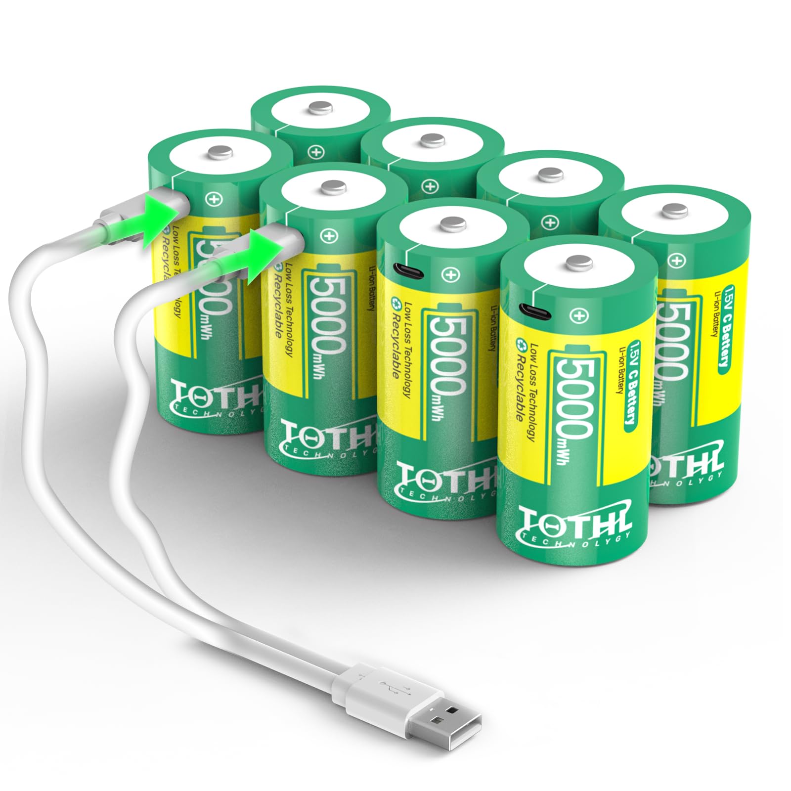 Lot de 8 Piles Rechargeables Baby C USB 2 en 1 au Lithium C, Piles C Li-ION, LR14 1,5 V de Taille C, 5000 mWh, pour Jouets d'inondation