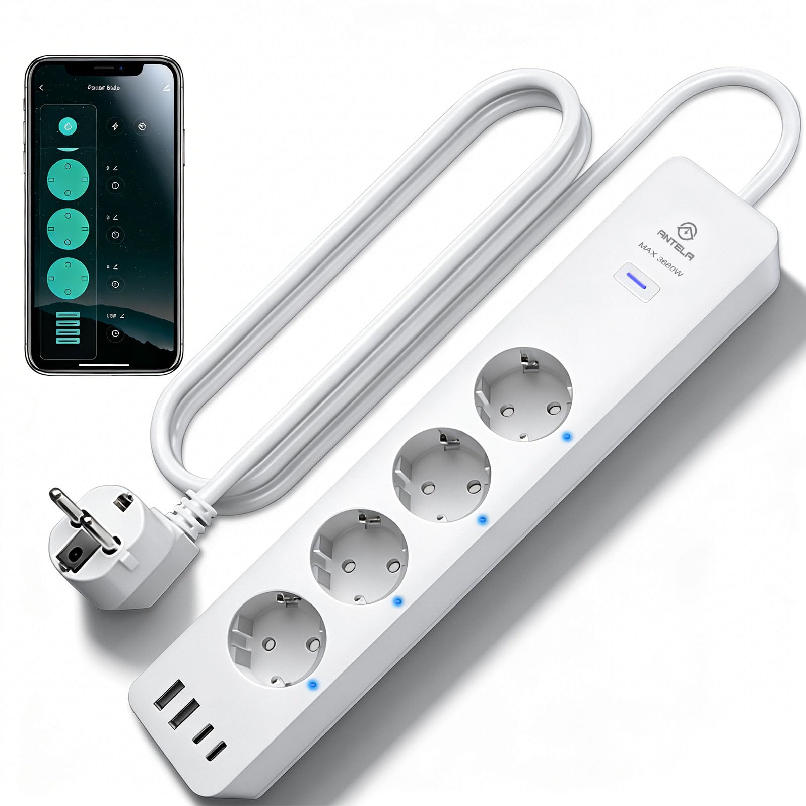 ANTELA Multipresa Smart con Monitoraggio del Consumo Ciabatta Smart Alexa | Protezione da Sovraccarico, 4 Prese AC + 4 Porte USB, Telecomando APP, Programma e Timer