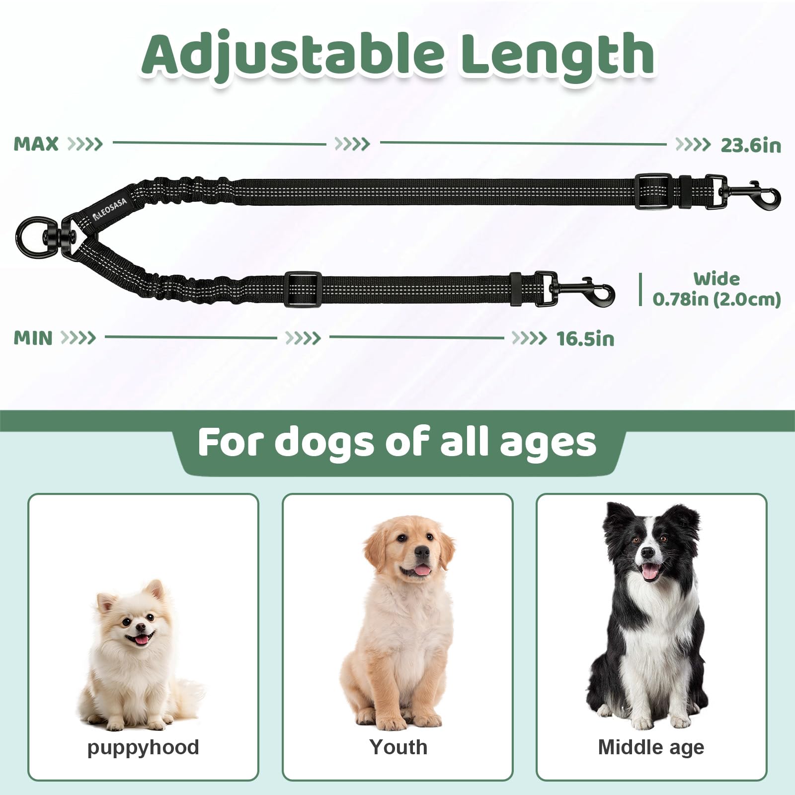Double Dog Leash for 2 Dogs - No Tangle 360°Swivel Splitter with Reflective Stitching, Adjustable Length and Stretchy Shock-Absorbing Comfort, for Small/Medium Dogs Walking Training (S(2.0cm) - 2
