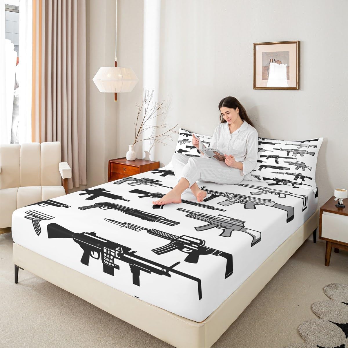 Feelyou Gun Bed Sheets Set Soft Deep Pocket Bedding Queen Size Includes 1 Fitted Sheet & 2 Pillowcases (No Flat Sheet)