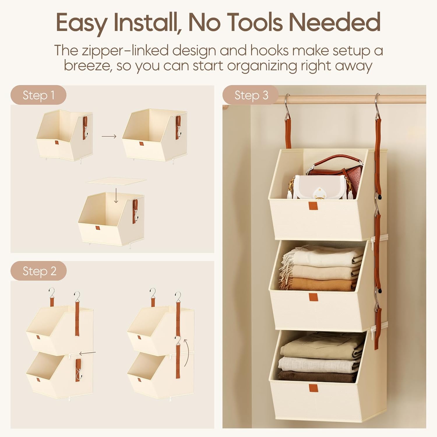 Homsorout Collapsible Hanging Closet Organizer - 3 Tier Closet Shelves Storage System with Hooks, Fabric Hanging Storage Bins for Clothes, Foldable Storage Basket for Laundry, Bedroom, Rv, Beige