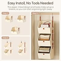 Vista 7 de Collapsible Hanging Closet Organizer - 3 Tier Closet Shelves Storage System with Hooks, Fabric Hanging Storage Bins for Clothes, Foldable Storage