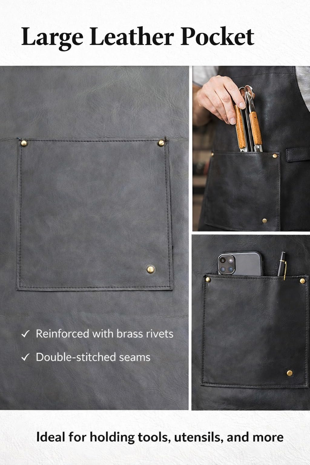 Exquisito delantal de cuero hecho a mano en la India, regalo para entusiastas de la cocina, artesanía de calidad del chef (1 bolsillo, negro), Negro -, 33" x 23" inches
