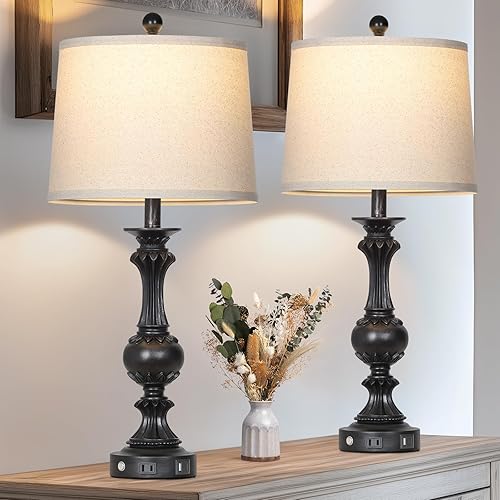 Miniatura 2 de Juego de 2 lámparas de mesa estilo casa de campo de 28 pulgadas, lámparas retro para sala de estar con puertos USB C+A y salida de CA, lámpara de