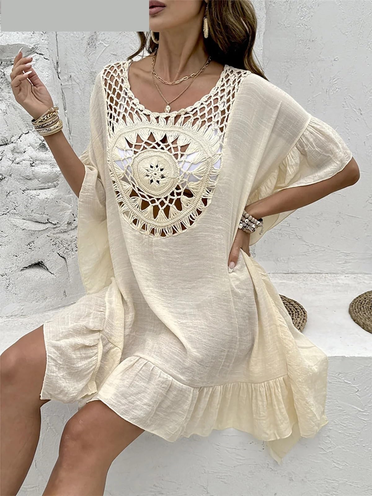 Paréo Robe de Plage Tunique ajourée à Manches Courtes, vêtements, Cover-Up pour Piscine