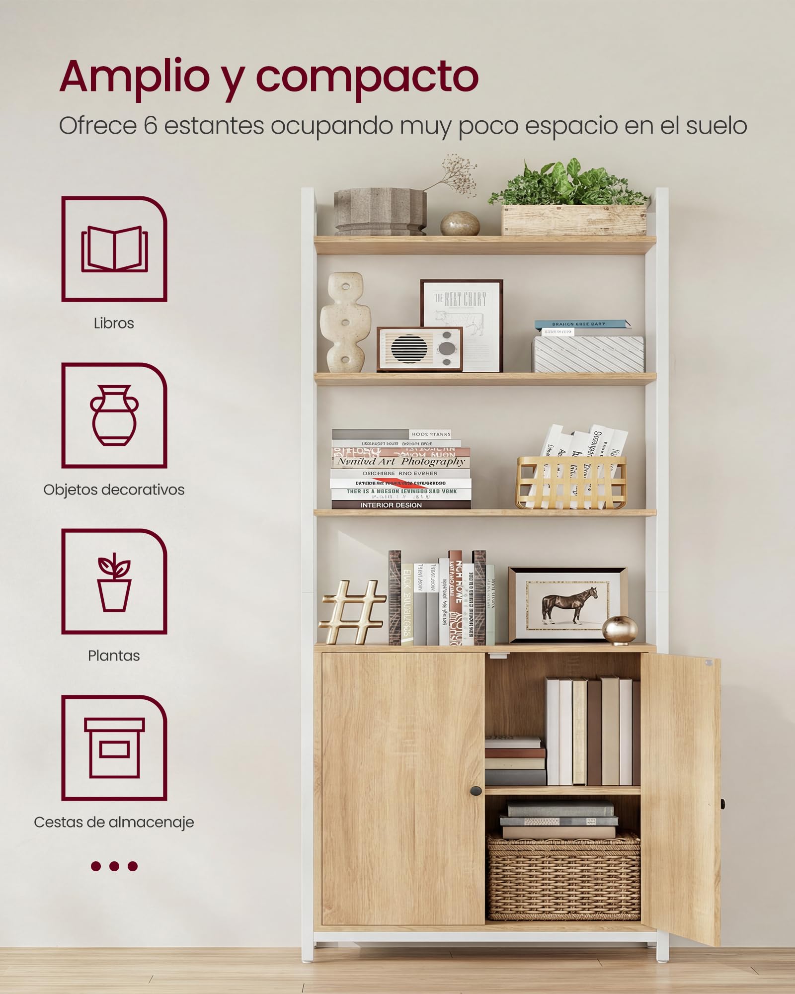 VASAGLE Librería de 6 Niveles, Estantería Vertical con Puerta, Marco de Metal, Estantes Ajustables, para Salón, Dormitorio, 60A, Roble Dorado y Blanco Mate LLS133YA01