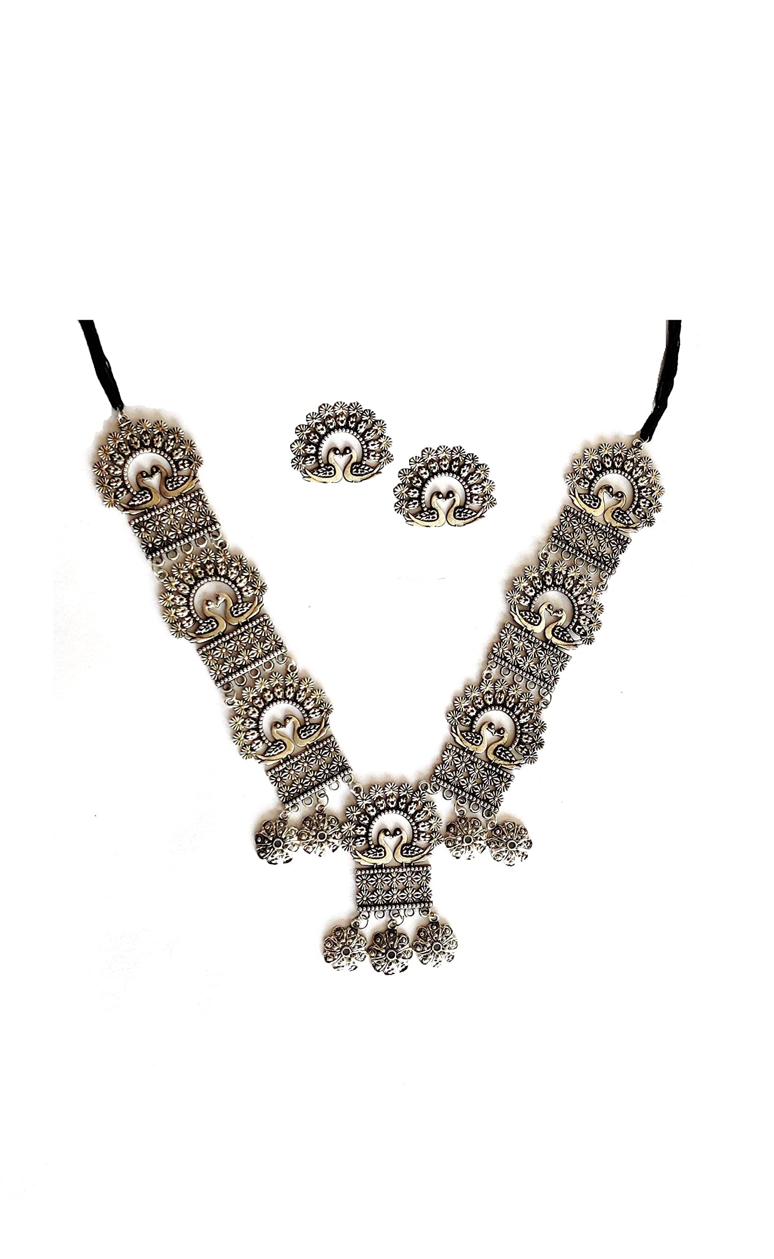 Beautiful Oxidized Silver Plated Peacock Motif Necklace & Earrings Combo Set With Jute Pouch/Indian Jewelry Set For Women For Party/Function/All Occasions