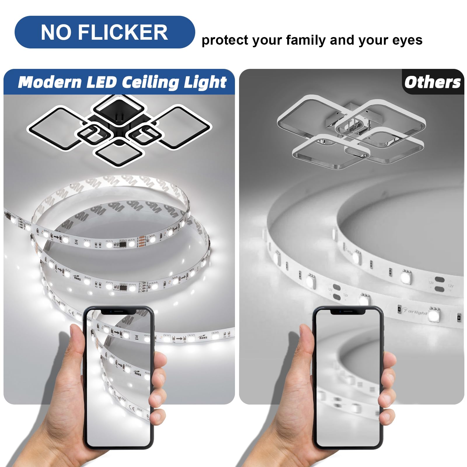 OKELI Moderne LED led Deckenleuchte, 48W Schwarze Deckenlampe mit 7 quadratischem Acryl-Design, Große Kronleuchter Deckenleuchten für Wohnzimmer, Schlafzimmer und Küche, 6000K