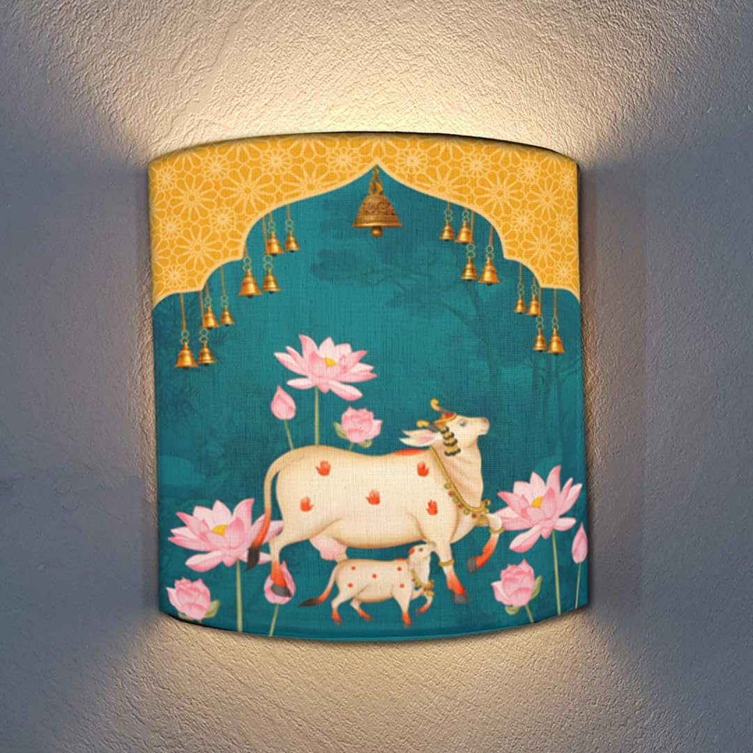 DEC ABODE Wall Lamp Shade, Pichwai Designer Wall Mounted Half Lamp Shade for Bedroom, Bedside Lamp Sconces with Holder & Fitting (Pichwai Cow) (Blue)