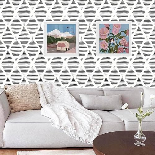 Miniatura 9 de Papel tapiz blanco y negro para despegar y pegar de 17.7 x 120 pulgadas, papel de contacto moderno a rayas, papel de pared de rombos, papel de