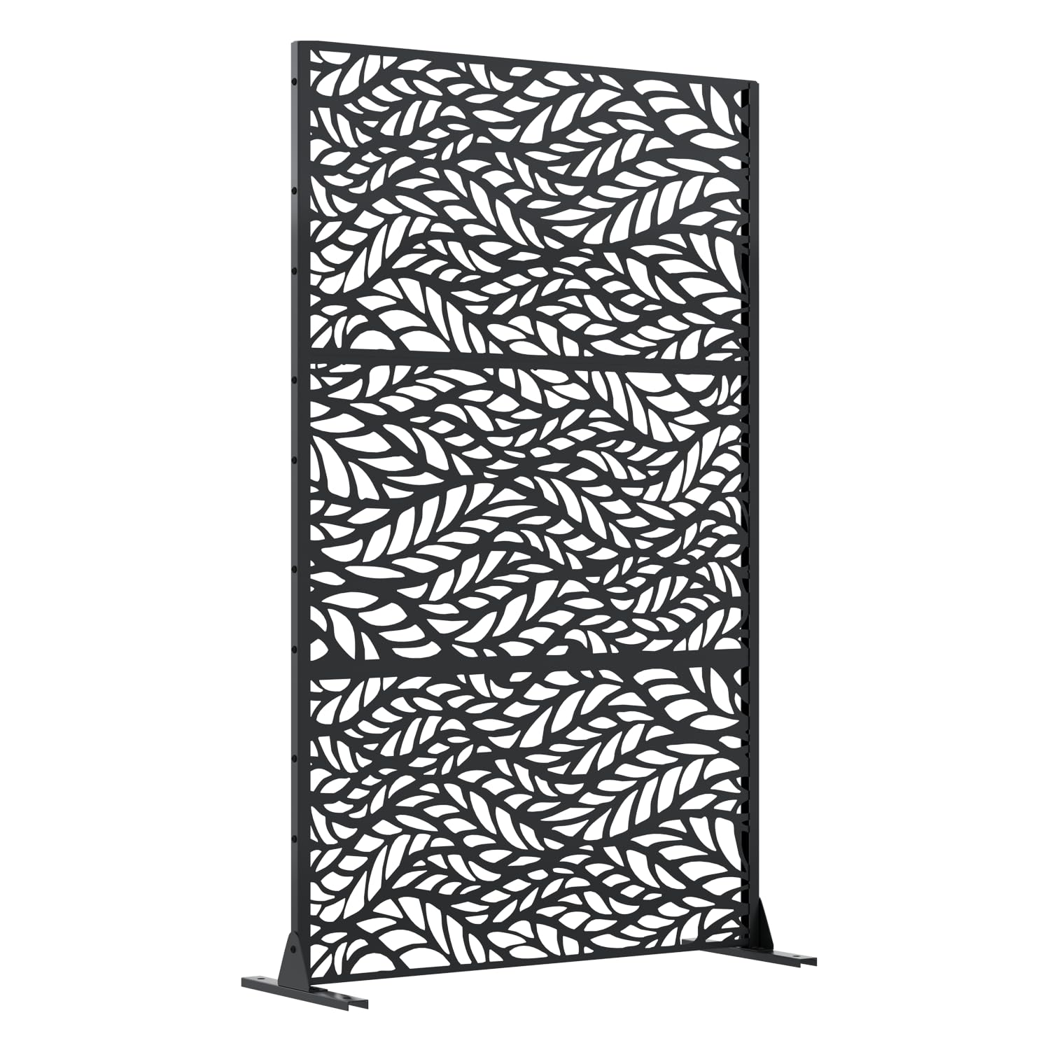 72" H Metal Privacy Screen, Free Standing Privacy Screen with Stable Heavy Base for Deck, Porch, Patio, Outdoor and Balcony, Black Leaves (Consists of 3 Panels)
