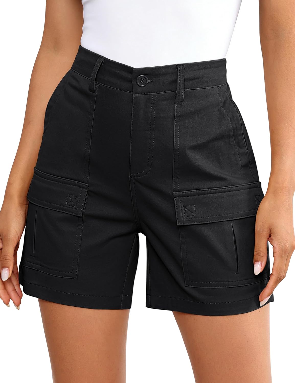 luvamia Cargo Shorts for Women Trendy High Waisted Casual Summer Knit Elastic Back 5 Inch Inseam Mid Thigh Chino Shorts