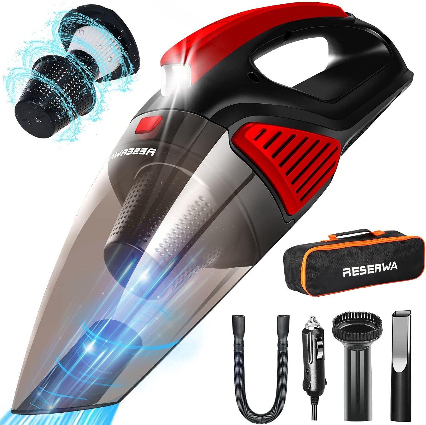 Reserwa Two-Layer Filter Car Vacuum Cleaner with LED Light 7500PA 12V 16.4FT Cable Portable Handheld Car Vacuum Cleaner Wet and Dry Use Auto Vacuum Cleaner