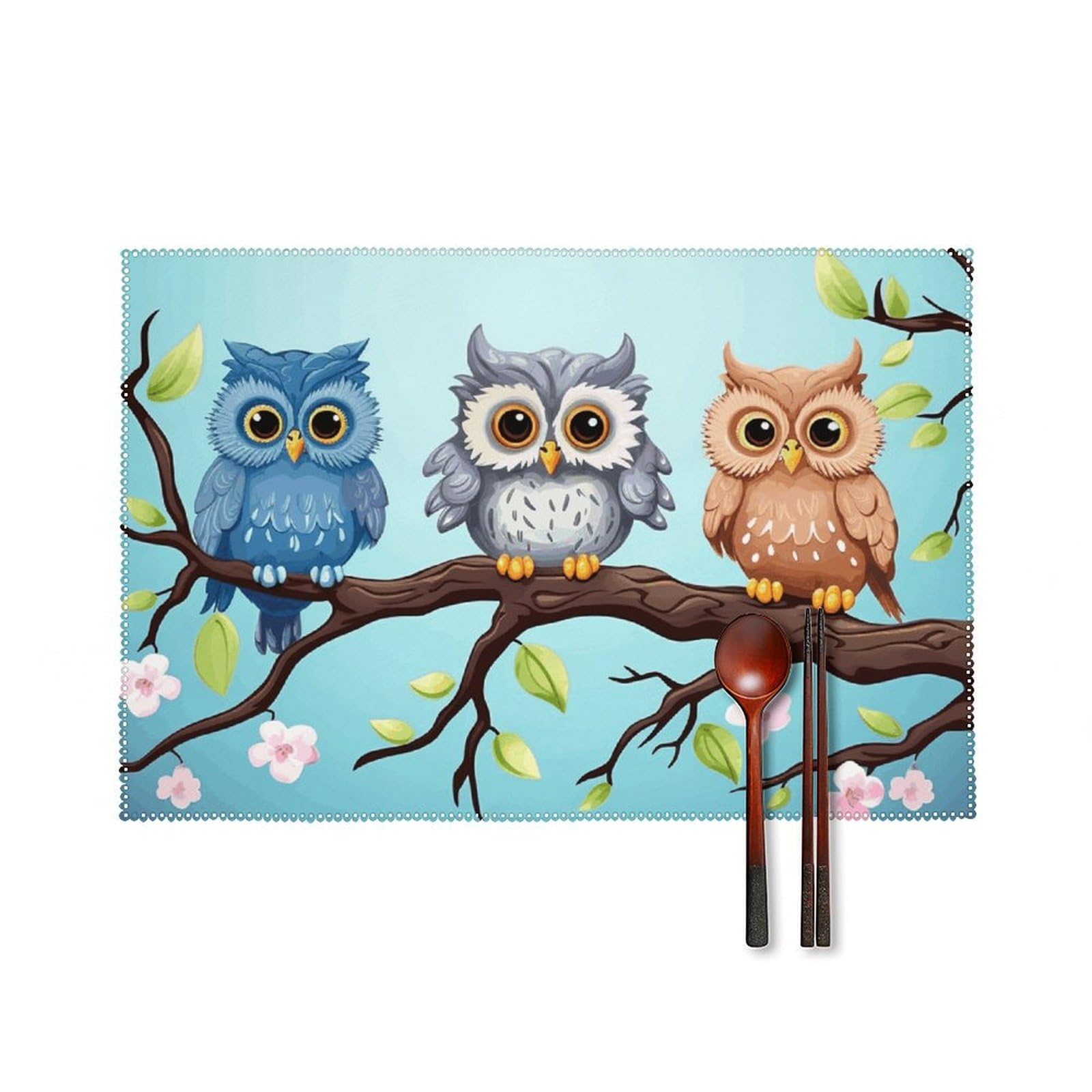 Owls on A Branch Placemats Set of 4 Heat Resistant Non-Slip Place Mats Reusable Dining Table Mats Canvas Place Mat Anti-Fading Waterproof Placemats for Dining Table Decor