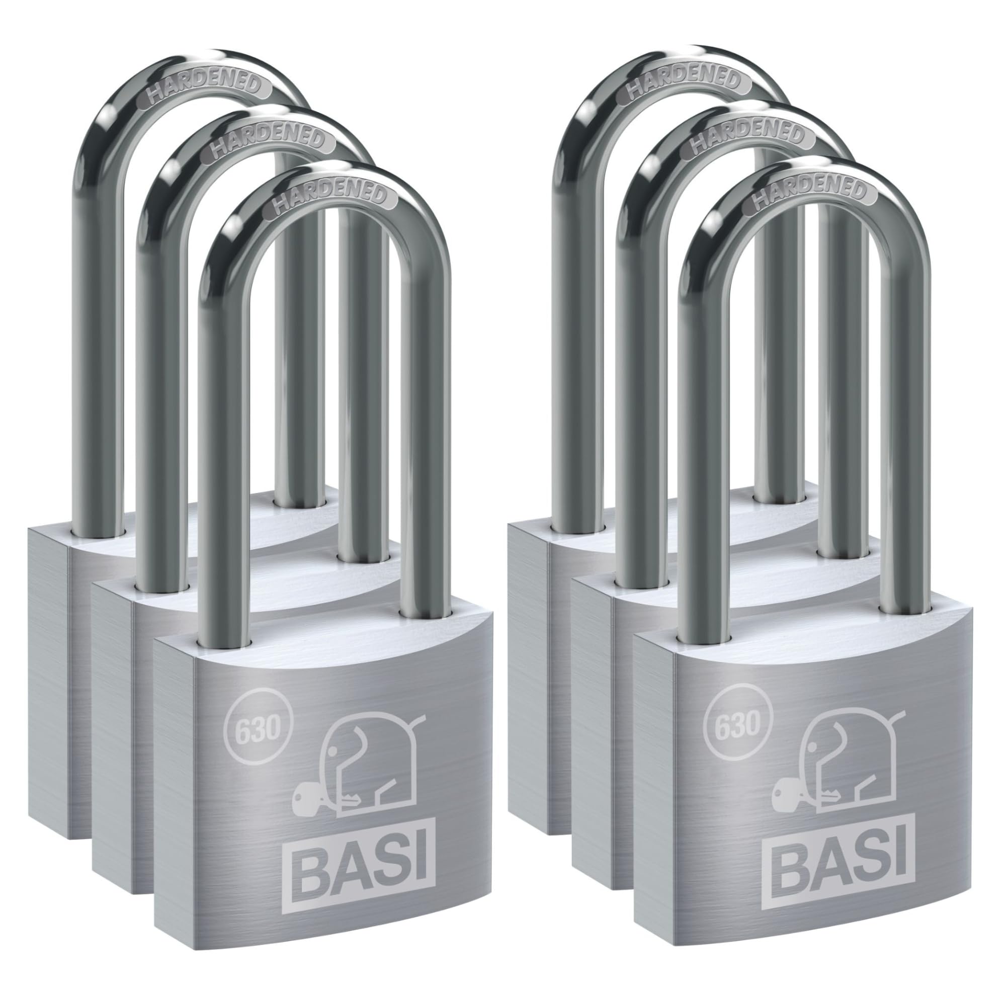 BASI | 6er Set Vorhangschloss | 40 mm | gleichsperrend | hoher Bügel | massives Aluminium-Gehäuse | gehärteter Stahlbügel | sicheres Vorhängeschloss gleichschließend | Bügelstärke 6 mm | 6 Stück