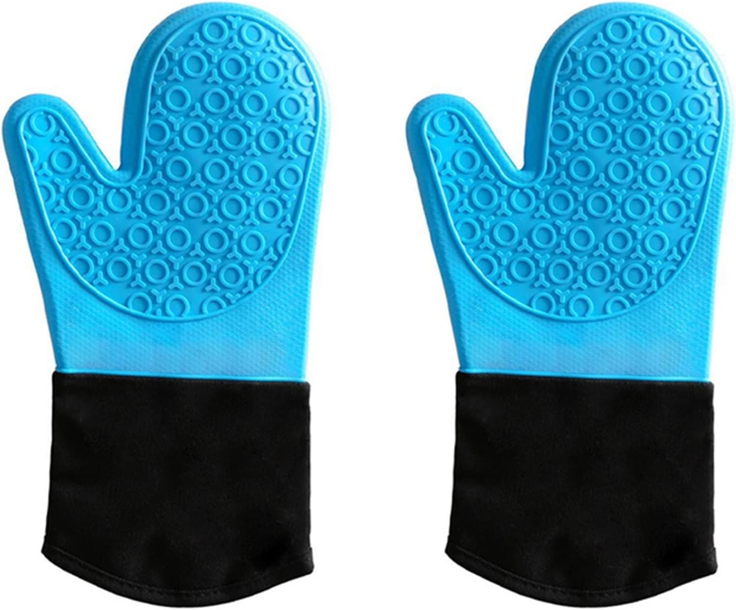 Non-Slip Silicone Oven Mitt Waterproof Heat Resistant Kitchen Gloves Long Cotton BBQ Oven Gloves(Blue)