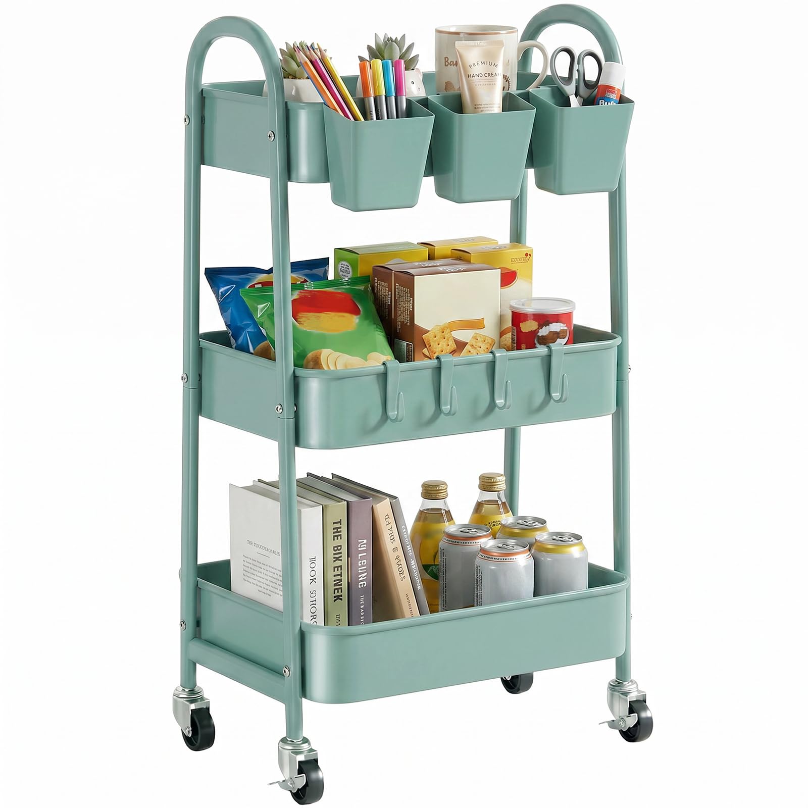 Photo 1 of danpinera 3-Tier Rolling Cart, Utility Cart Mobile Metal Rolling Storage Cart with Lockable Wheels & Hanging Cups & Hooks for Kitchen, Bathroom, Office, Workshop, Green