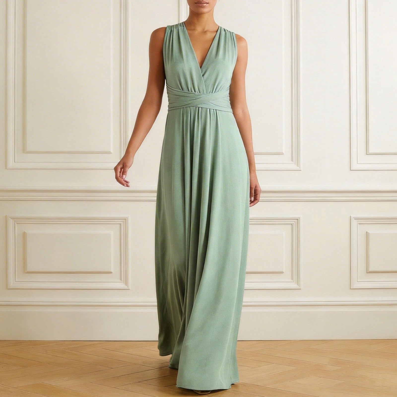 Generisch Robe maxi pour femme avec col en V en vert sauge - Robe de soirée sans manches avec taille empire - Élégante robe d'été longue au sol