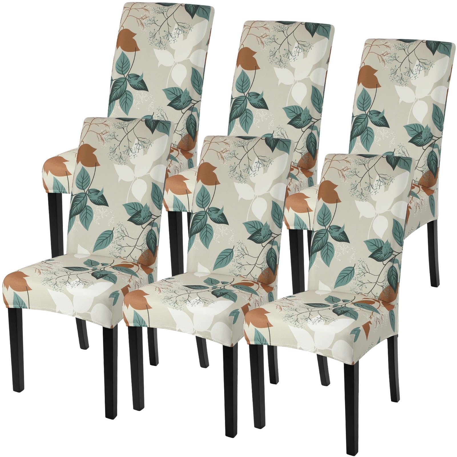 SearchI Printed Dining Room Chair Covers Set of 6, Stretch Kitchen Chair Covers Washable Parsons Chair Slipcover Removable Dining Chair Protectors for Hotel,Ceremony(Earthy Tones Leaf)