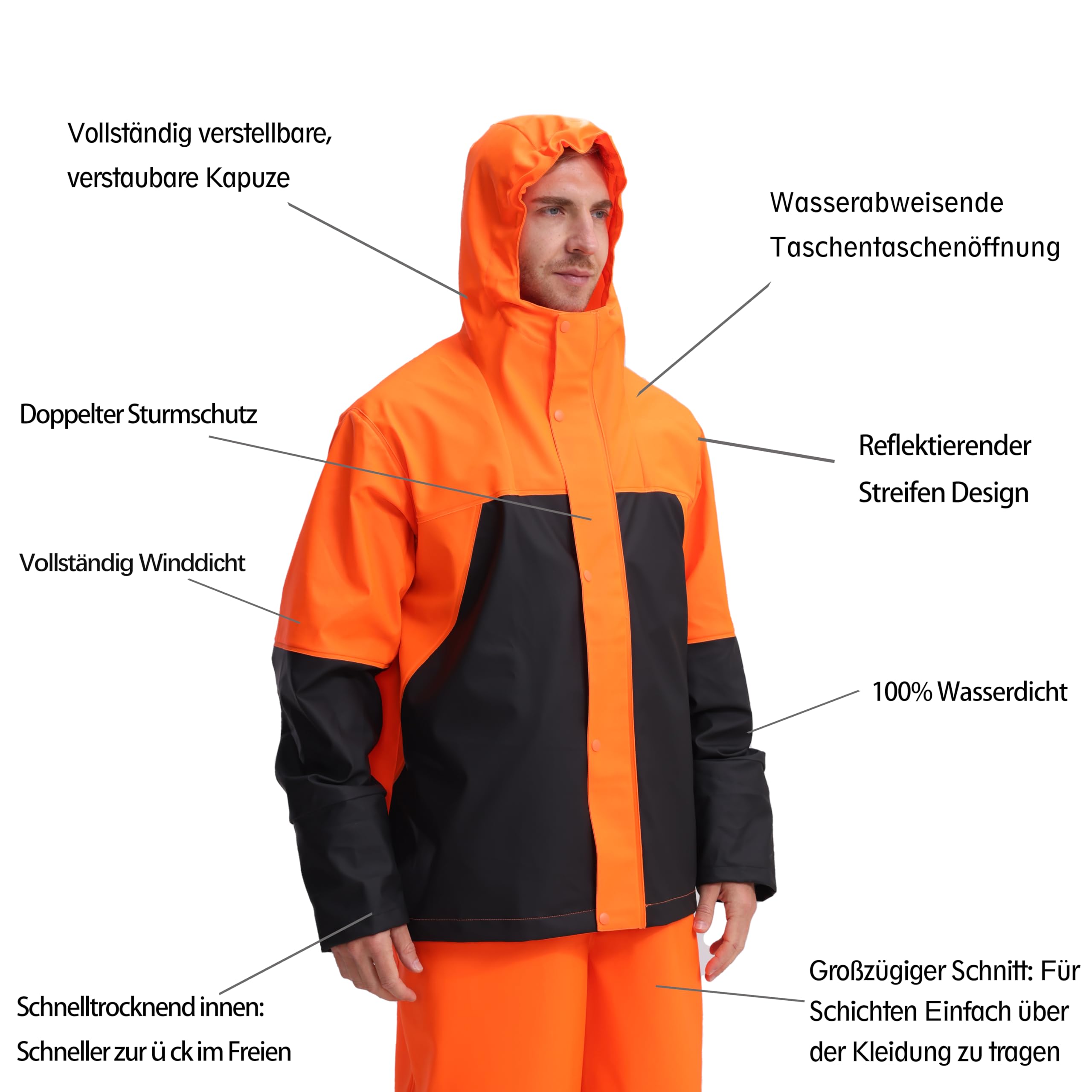 PRO Herren Regenanzug Wasserdicht PU - Robuste Arbeits Regenjacke mit Kapuze & Latzhose, Regenbekleidung für Bau, Angeln, Outdoor WS-017