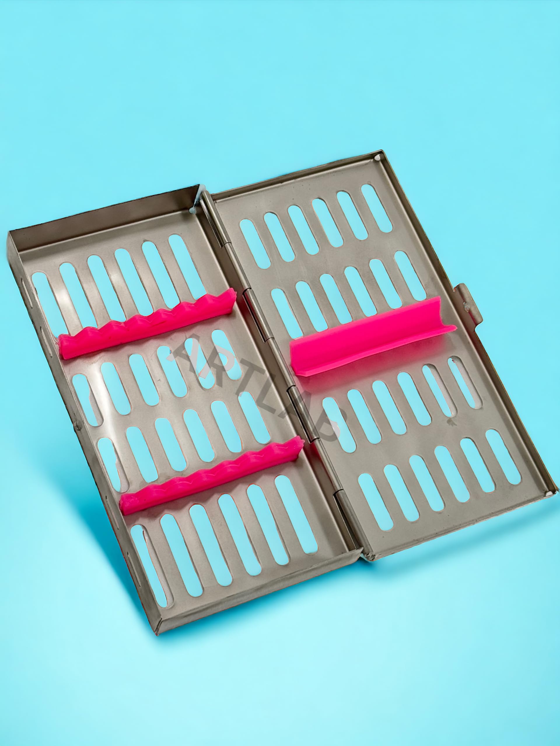 Autoclave Tray Rack Box Cassette for Dental Instruments Fits 7 Instruments - Features Removable Silicone Inserts - German Stainless Steel CE (Pink)