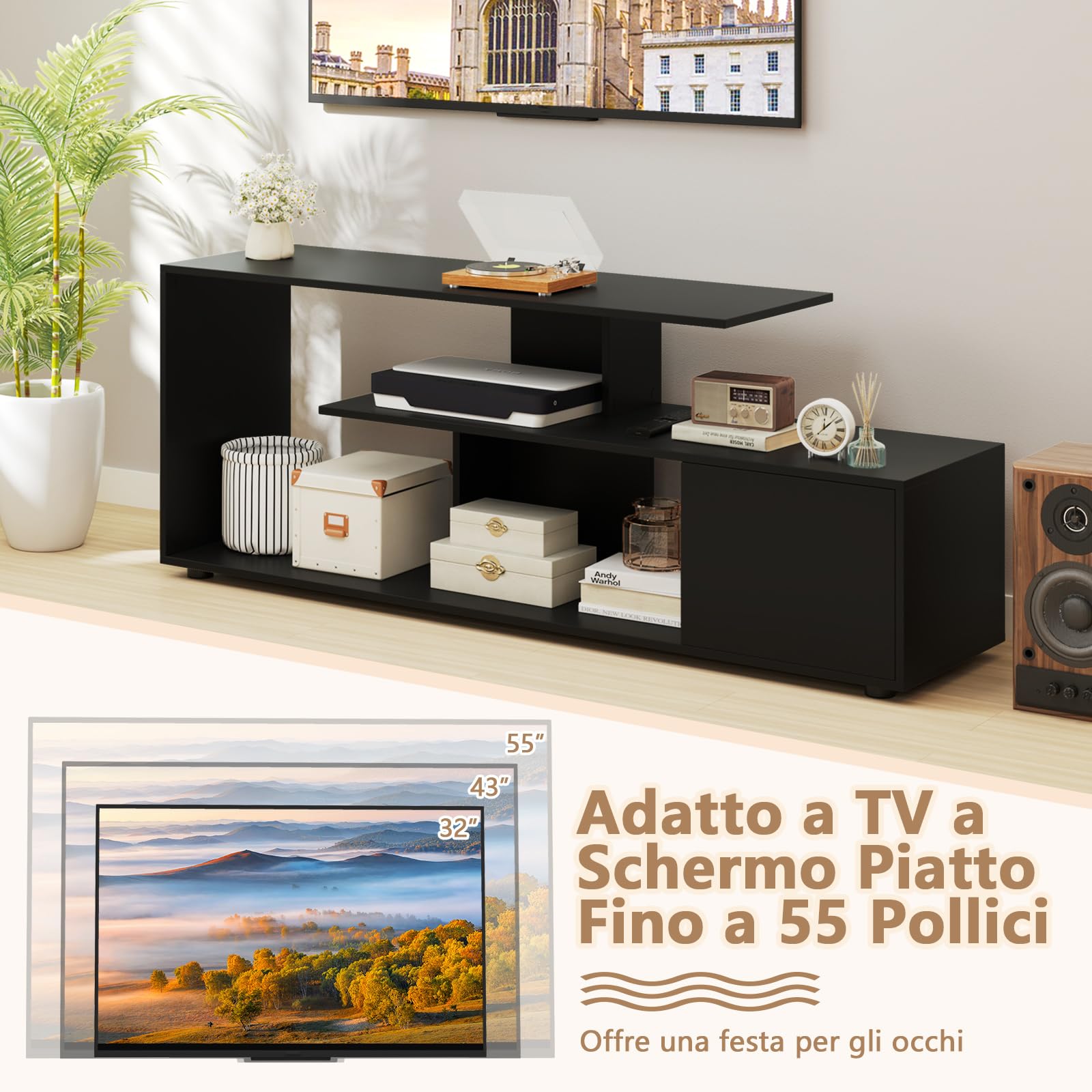 COSTWAY Mobile Porta TV, per TV Fino a 55'', Console Media a 3 Ripiani Asimmetrici con Ripiani di Stoccaggio e Armadietto, Mobile TV con Cassetto, 5 Gambe di Supporto (Nero)
