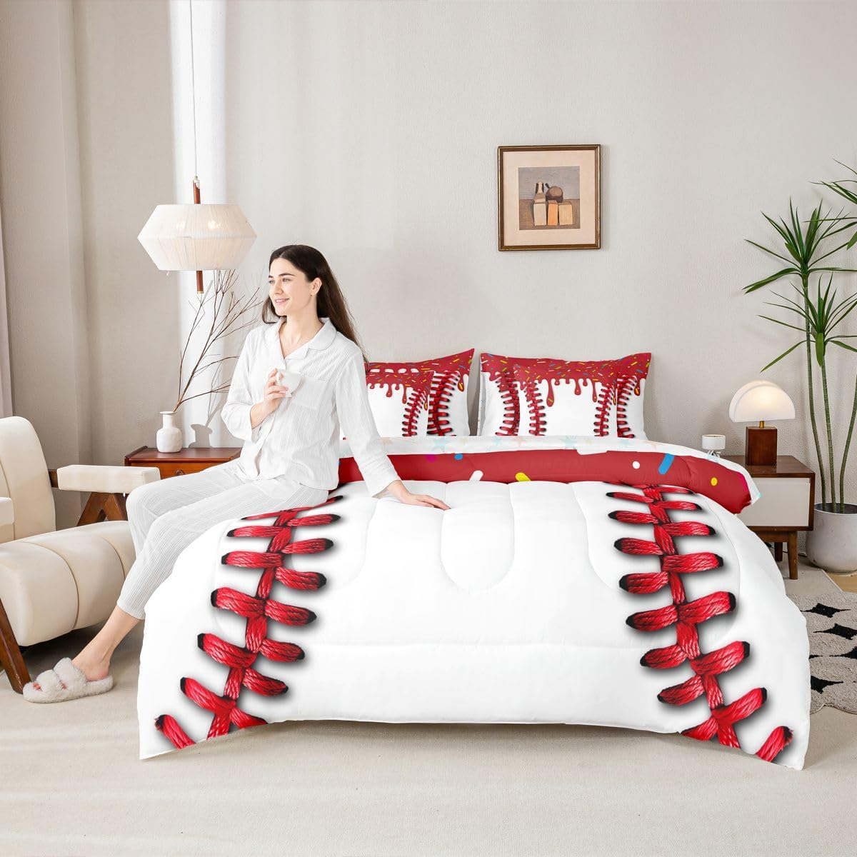 Full Size Baseball Cream Bed in a Bag Ice Cooling 7 Piece Bedding Set For Kids Women Men Ultra Sport Baseball Comforter Set with Sheets,Pillowcases & Cushion Cover Red White Room Decor Microfiber
