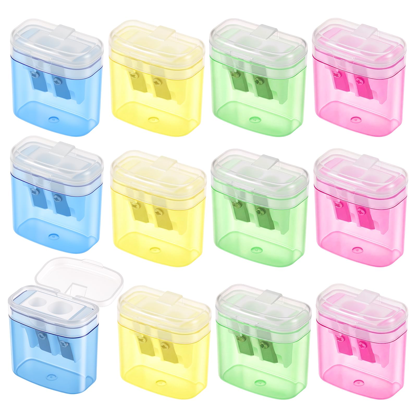 12 Pcs Pencil Sharpeners, Dual Hole Manual Sharpener with Container and Lid for Kids Students School Home Office and Makeup, Multicolor