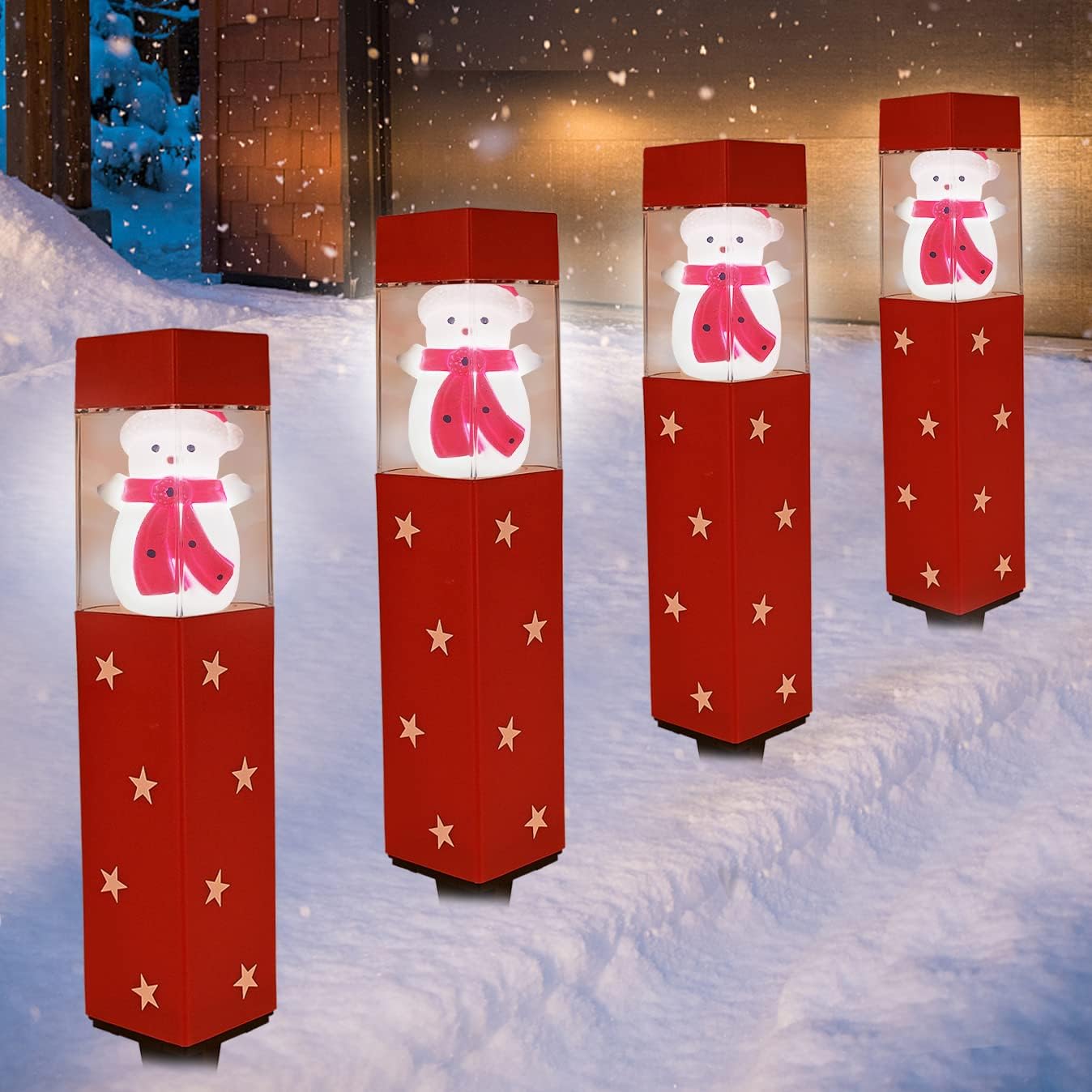 Christmas Pathway Lights Outdoor, 4 Pack Solar Stake Lights with 3D