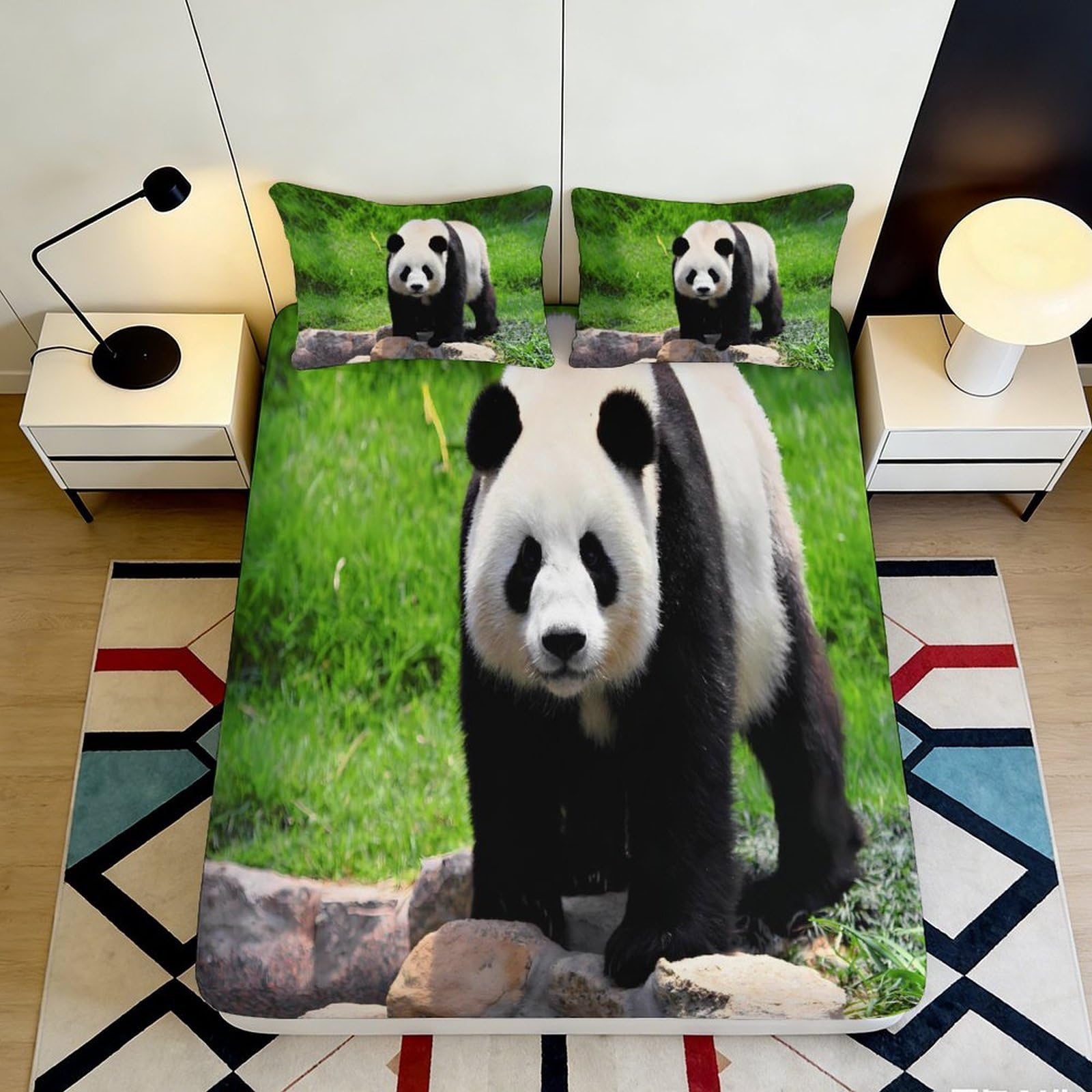 3D Printed Panda Fitted Sheet Microfiber Elastic Hem for Adults Bedroom Deep Pocket Panda Mattress Fitted Cover 200x200x25cm