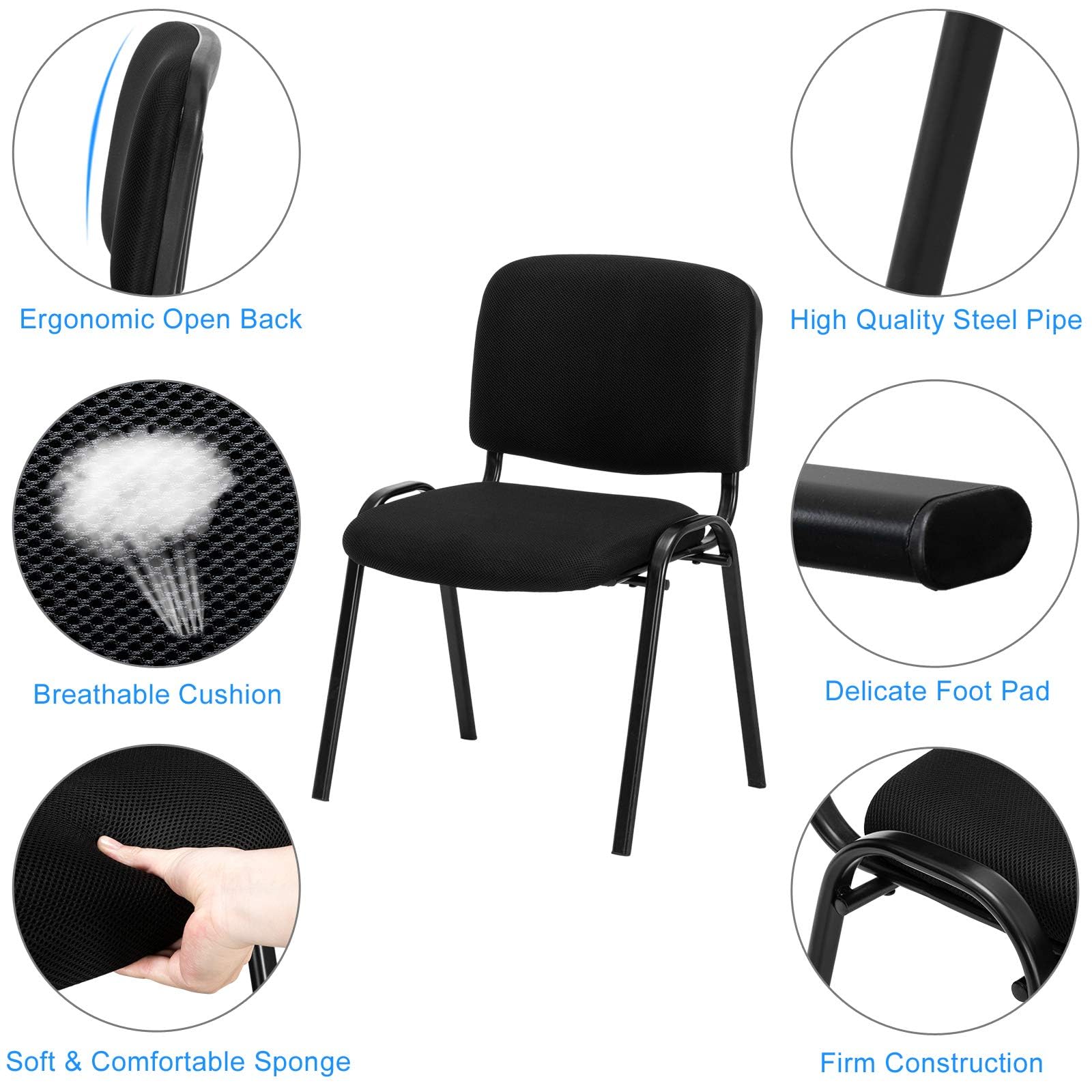 Bonnlo 5er-Set Stapelbare Besucherstühle, Schwarzes Mesh & Stahlrahmen, Armlos, Bürostühle für Empfang, Konferenzraum, Wartezimmer, Stapelbar, 150 kg Belastbarkeit, Schwarz