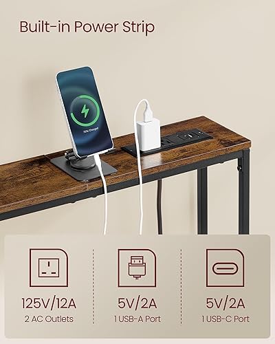 Miniatura 4 de VASAGLE Juego de 2 mesas de consola con tomas de corriente, mesas de sofá delgadas detrás del sofá, 5.9 x 39.4 x 31.5 pulgadas, 2 ganchos, fácil