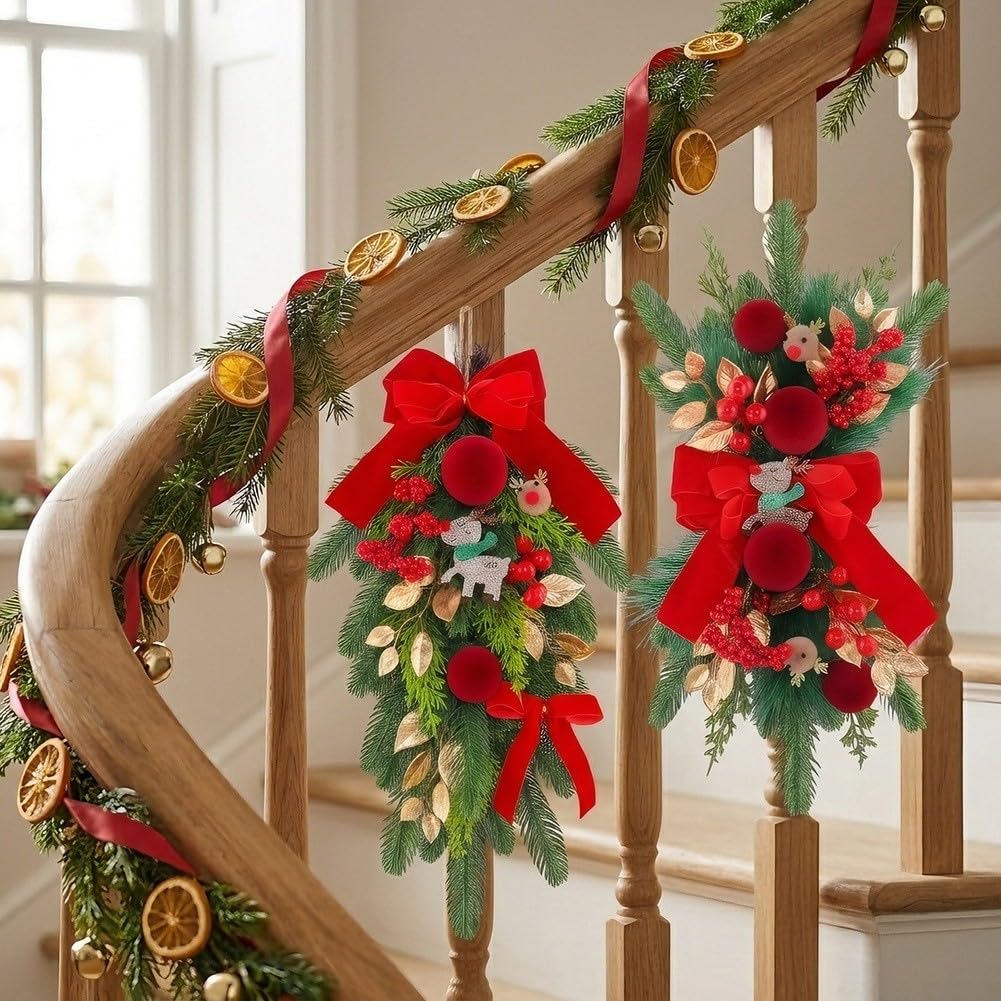Guirnalda de lágrima de Navidad de 46 cm con lazo rojo y piña (B)