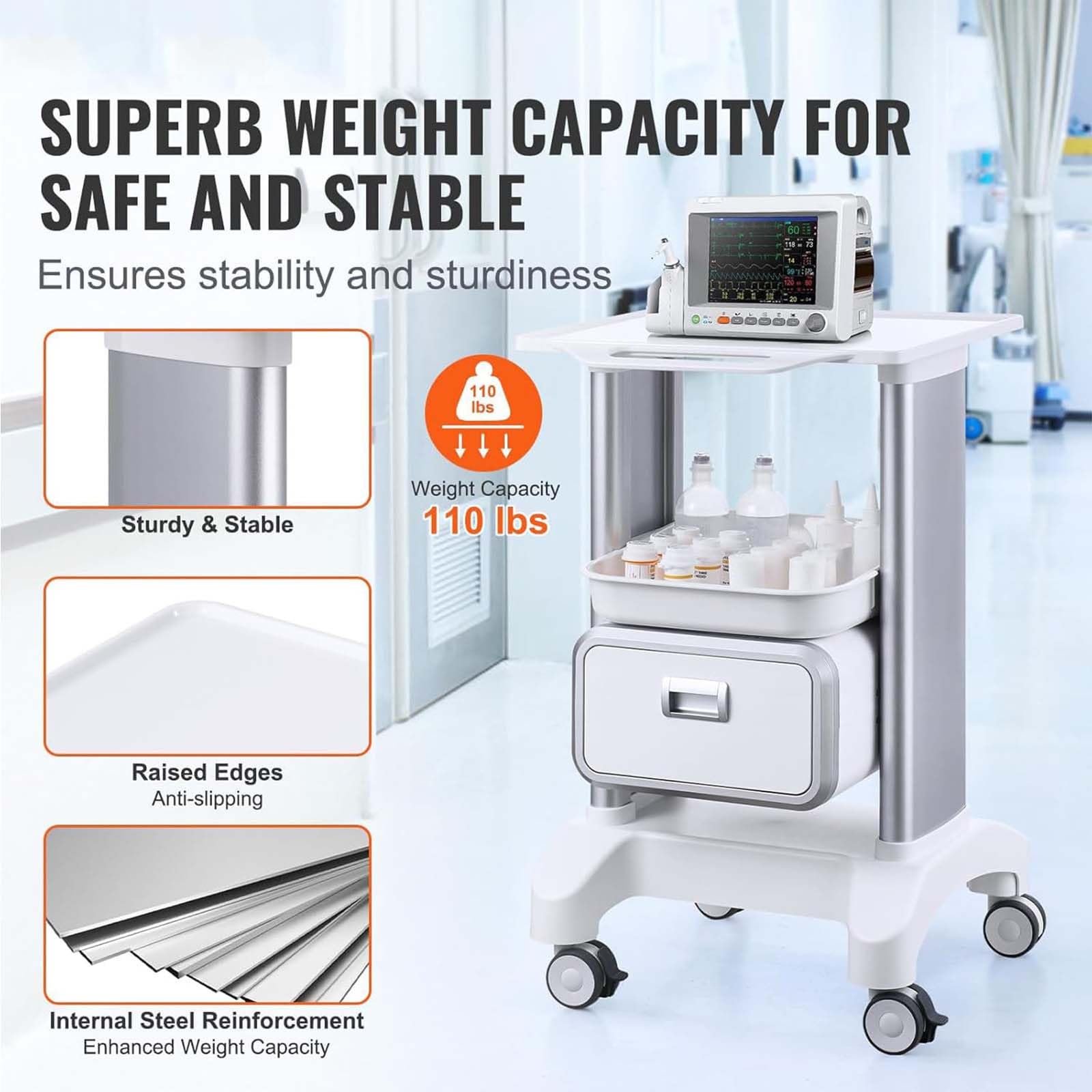 Carrello con ruote silenziose, in ABS, professionale, con cuscinetti antiscivolo, per ospedale, clinica, salone di bellezza, spa, ufficio e camera da letto