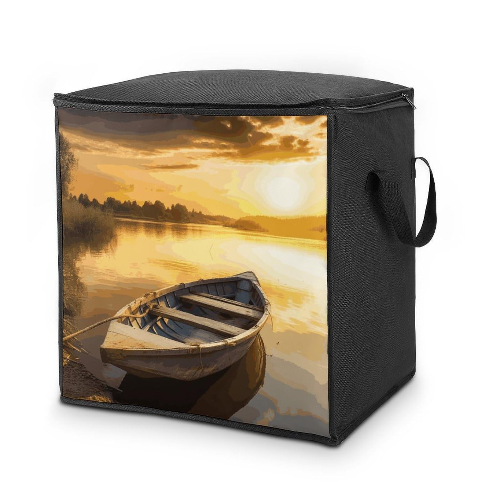 River Sunset Wooden Boat Storage Bag with Zippers And Handle Extra Large Bedding Comforter Storage Bag Foldable Blanket Storage Bags Fabric Moving Bags for Closet Organizer (70L)