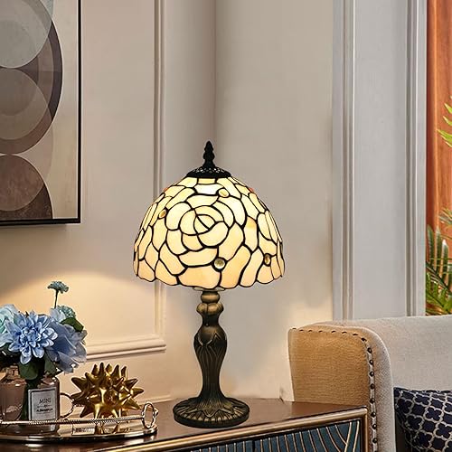 Miniatura 5 de Lámpara de mesa pequeña estilo Tiffany, lámpara de cristal de color rosa de 8 x 8 x 14.5 pulgadas, pequeñas lámparas de mesa auxiliares antiguas,